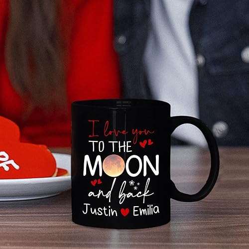 Miniatura 4 de Taza de café negra personalizada para parejas, 11 onzas, 15 onzas, taza con texto en inglés "I Love You to the Moon and Back", tazas de café