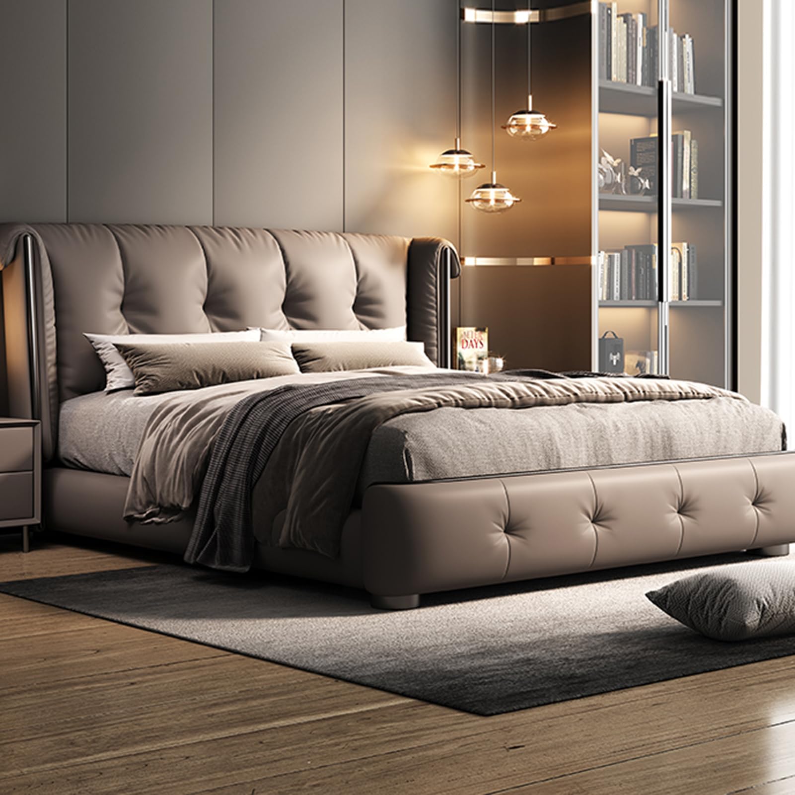Modern King Size Genuine Leather Bed Upholstered Platform Bed Frame with Headboard and Lift Up Storage Strong Wooden