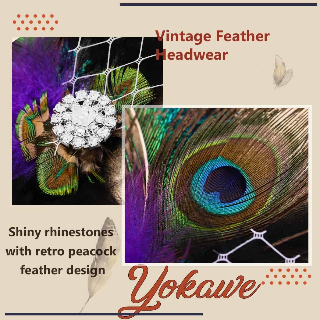 Yokawe Peacock Feather Hair Clip 1920s Fascinator with Rhinestone Flapper Prom Hair Accessories for Women - Image 6
