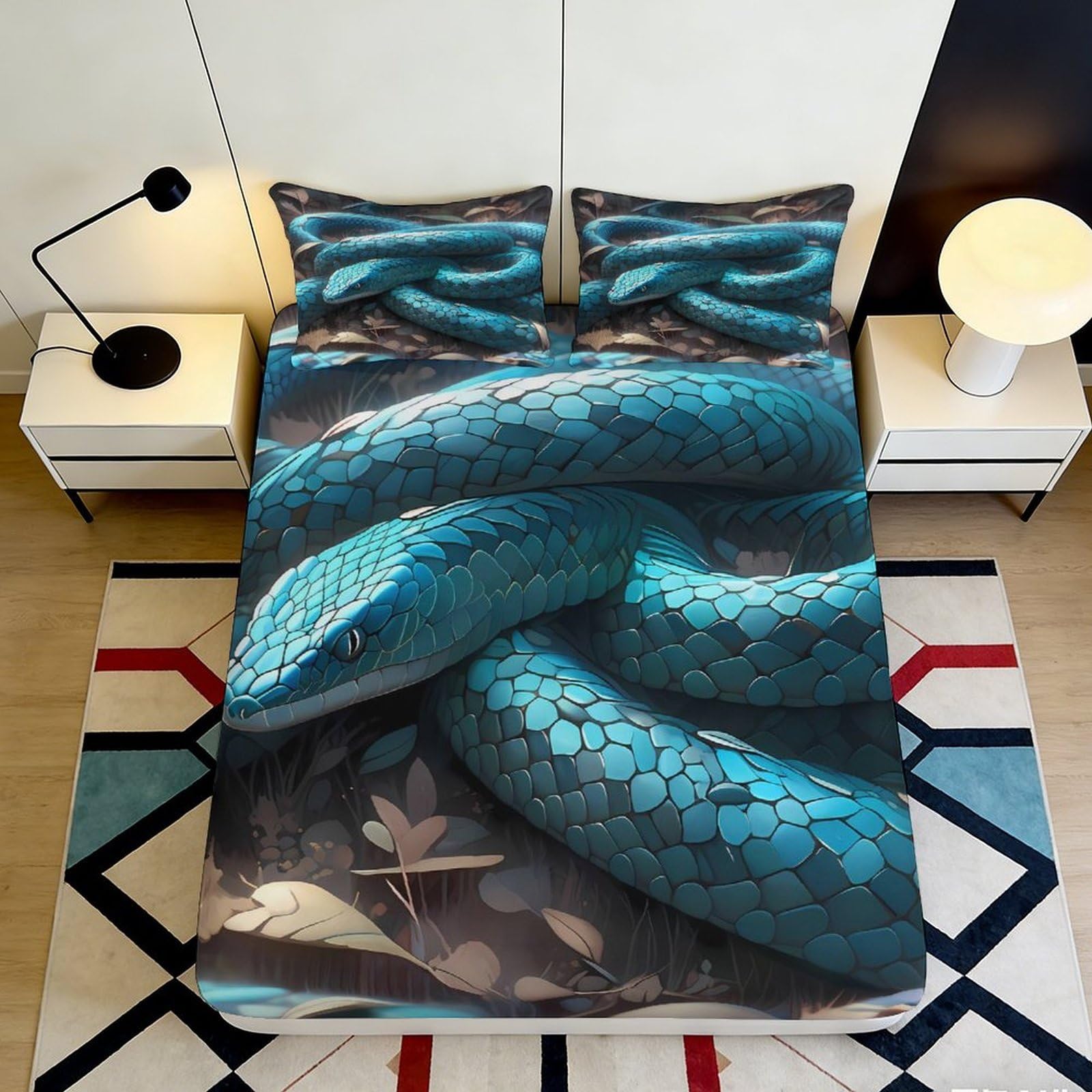 3D Printed Blue Snake Pattern Fitted Sheet Microfiber Non-Slip Jungle Reptile Bed Cover for Bedroom Dorm Decor 90x200x25cm