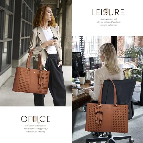 Miniatura 6 de LOVEVOOK Bolsa de mano para computadora portátil para mujer, 15.6 pulgadas, impermeable, de piel sintética, bolsa de trabajo, maletín, color marrón