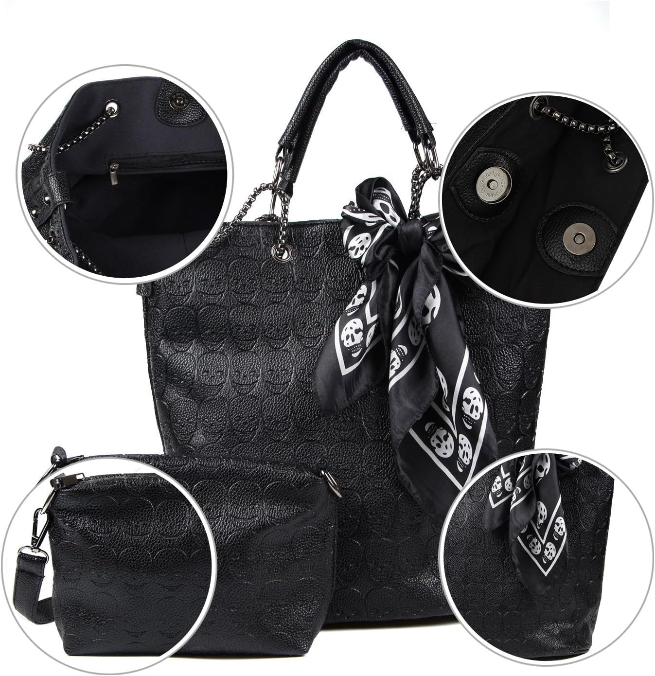 KUANG! Women Skull Print PU Leather Hobo bag Handbags 2 Sets Crossbody Bag with Scarves - Image 6