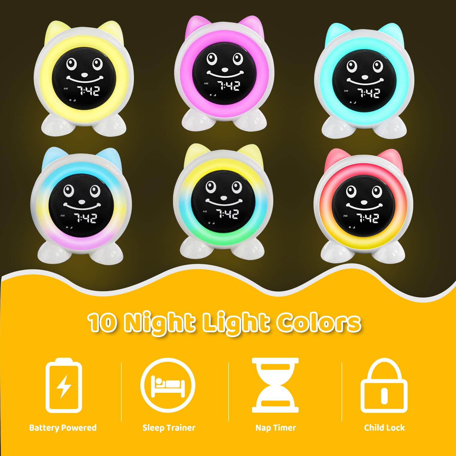I·CODE Sveglia per bambini, con luce notturna, timer per pisolini, snooze per bambini più piccoli, ragazzi e ragazze (versione a batteria)