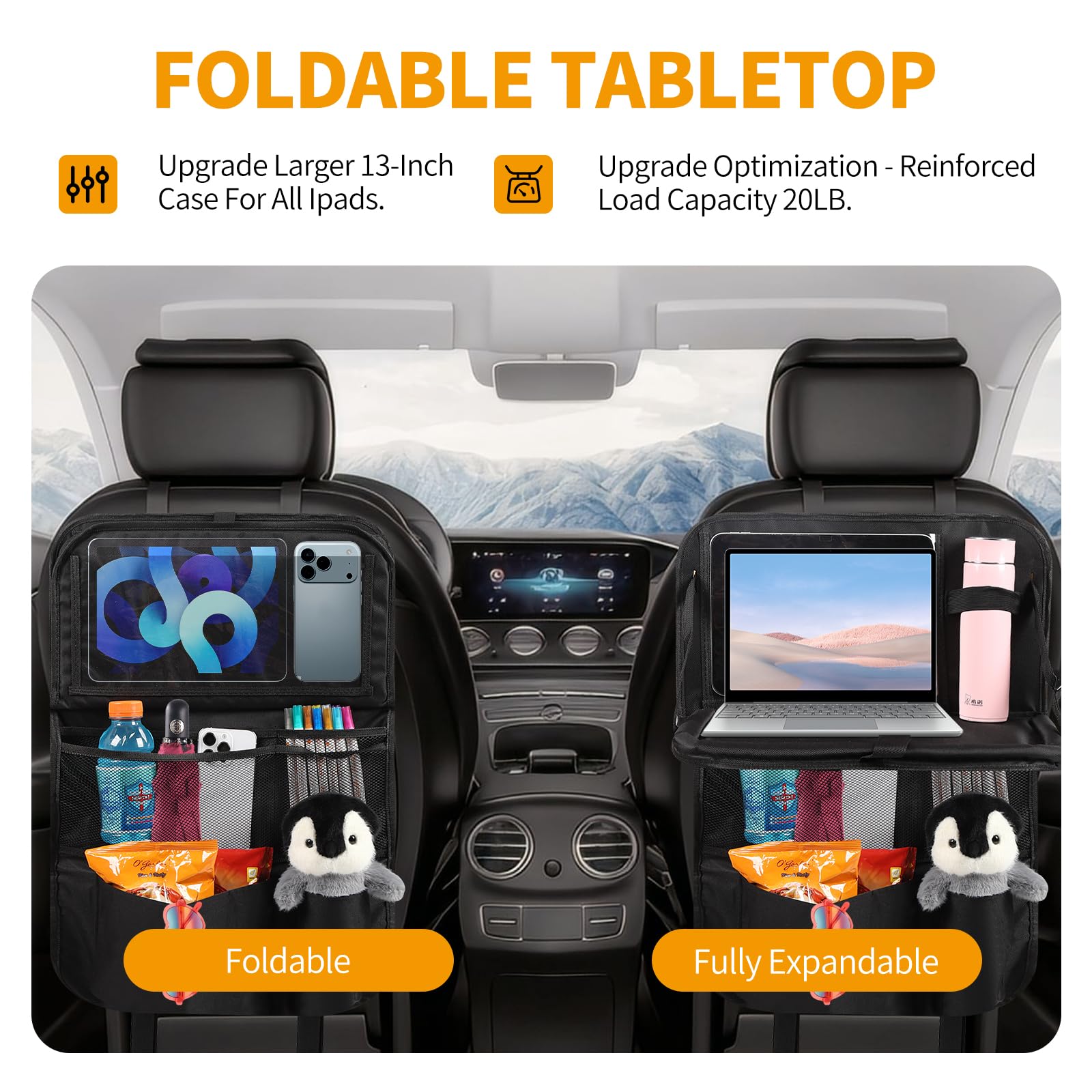 Organisateur de Siège avec Table Pliante pour Enfant, Protection Siège Voiture Enfant Imperméable avec Pochette Tablet, Rangement Arrière pour Console de Jeux et Jouets pour Voyages (Lot de 2)