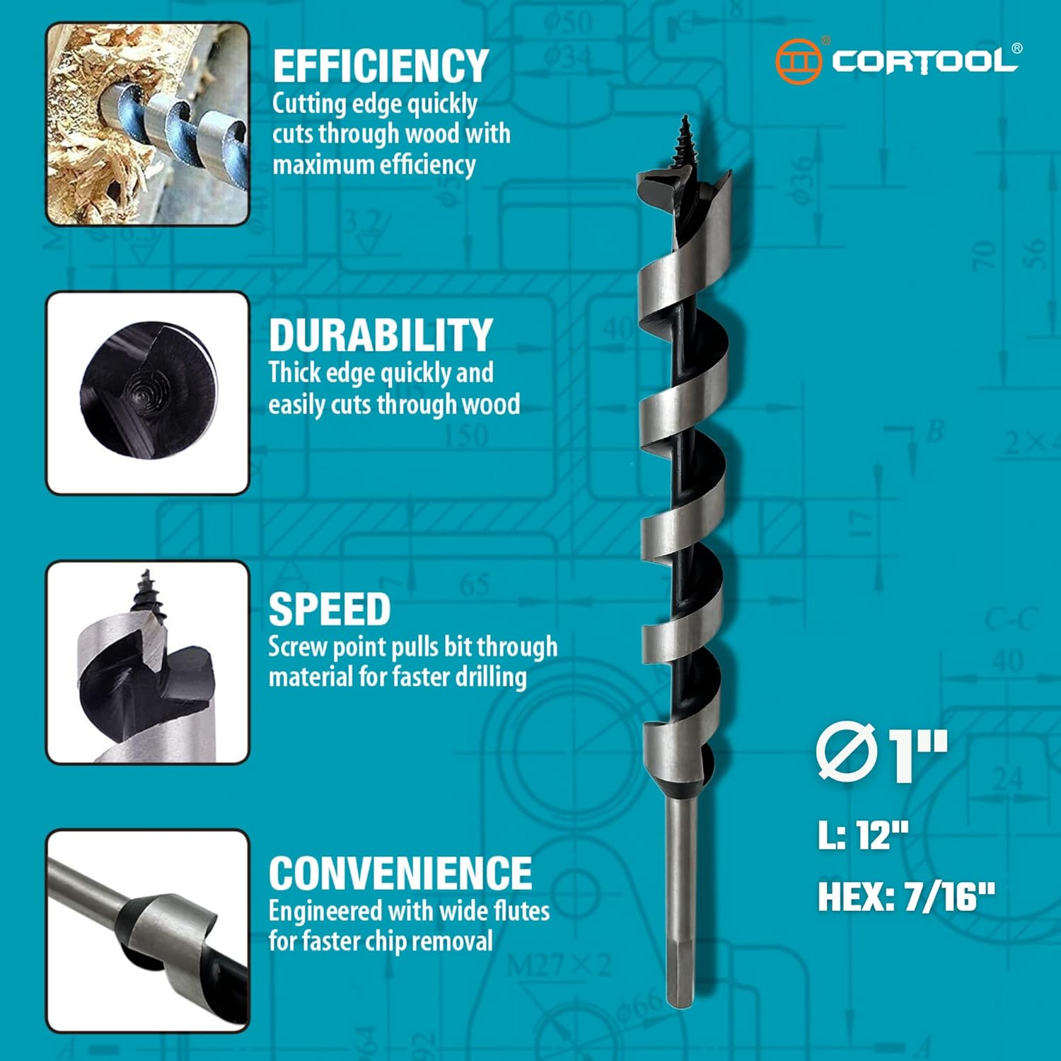 1 x 12 Inch Auger Drill Bit for Wood, Soft and Hard Wood Plastic with 7/16 Inch Hex Shank