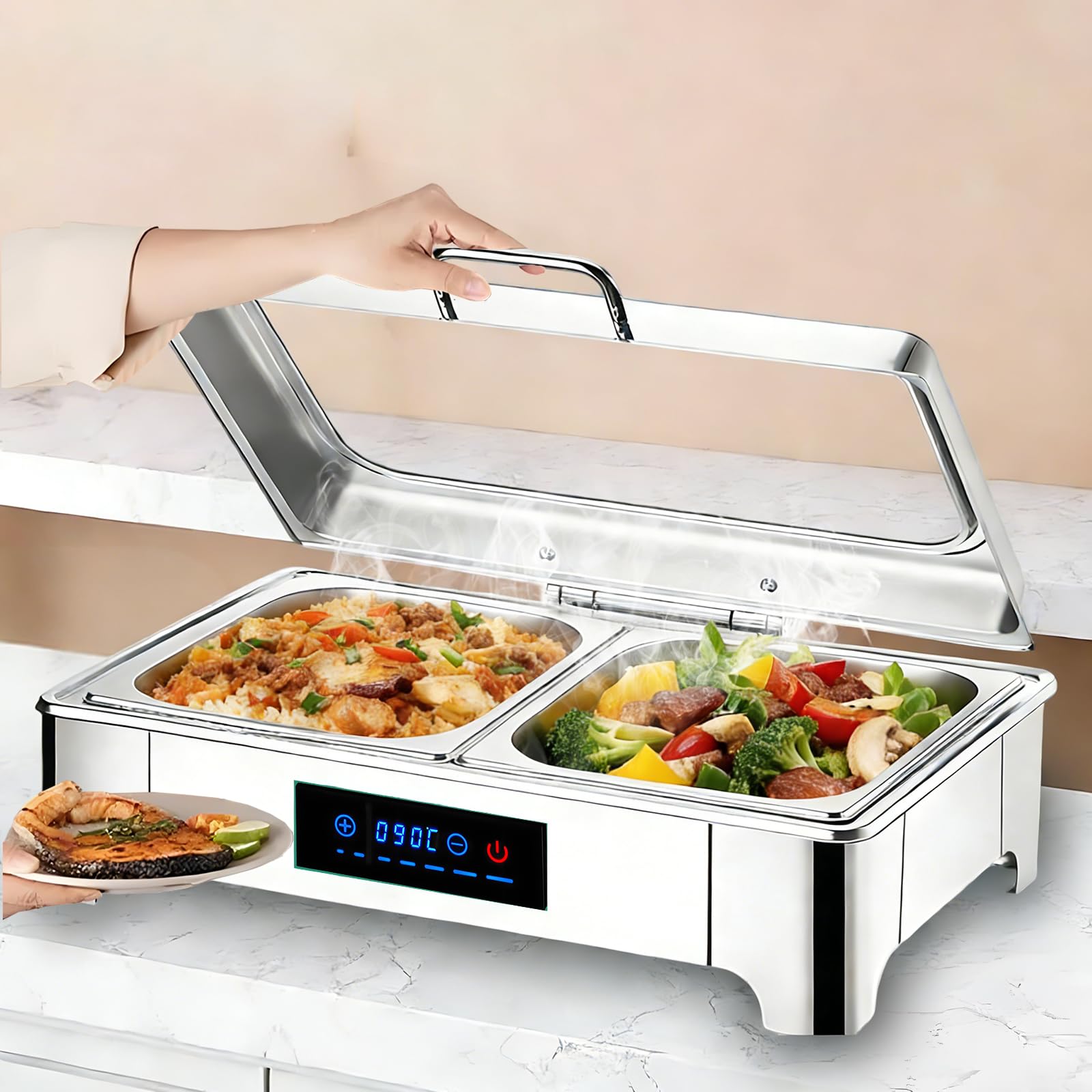 9L Chafing Dish Elettrico, Professionale Scaldavivande Elettrico Buffet in Acciaio Inox, Contenitore Scalda Cibo con Coperchio Trasparente per Buffet, Ristoranti, Cucine(1/2 Pan)