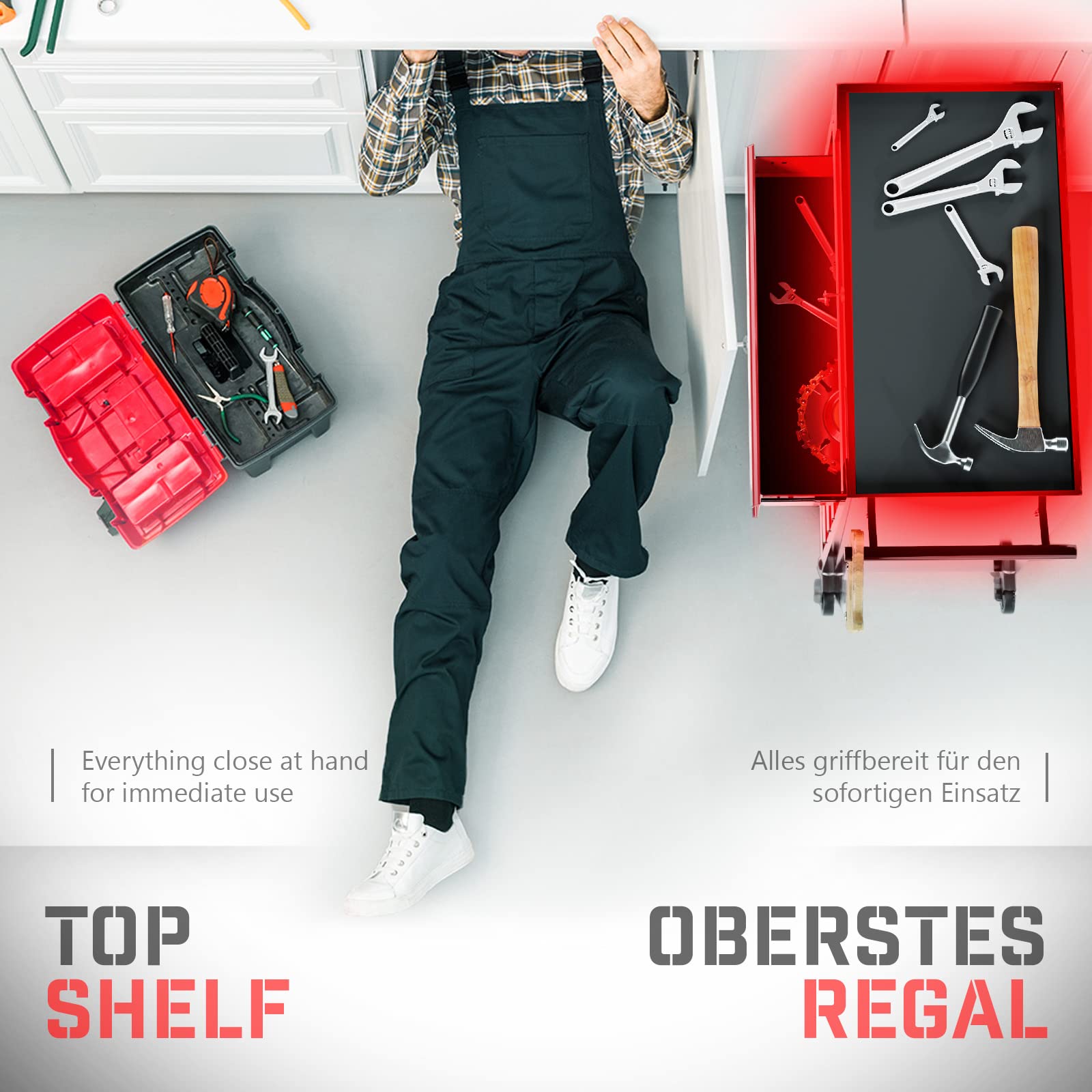 TIMBERTECH® Werkstattwagen auf Rollen - leer, 5 Schubladen mit Einlagen, abschließbar, Feststellbremse, Stahl, Rot-Schwarz - Werkzeugwagen, Montagewagen, Rollwagen für Werkstatt, Zubehör