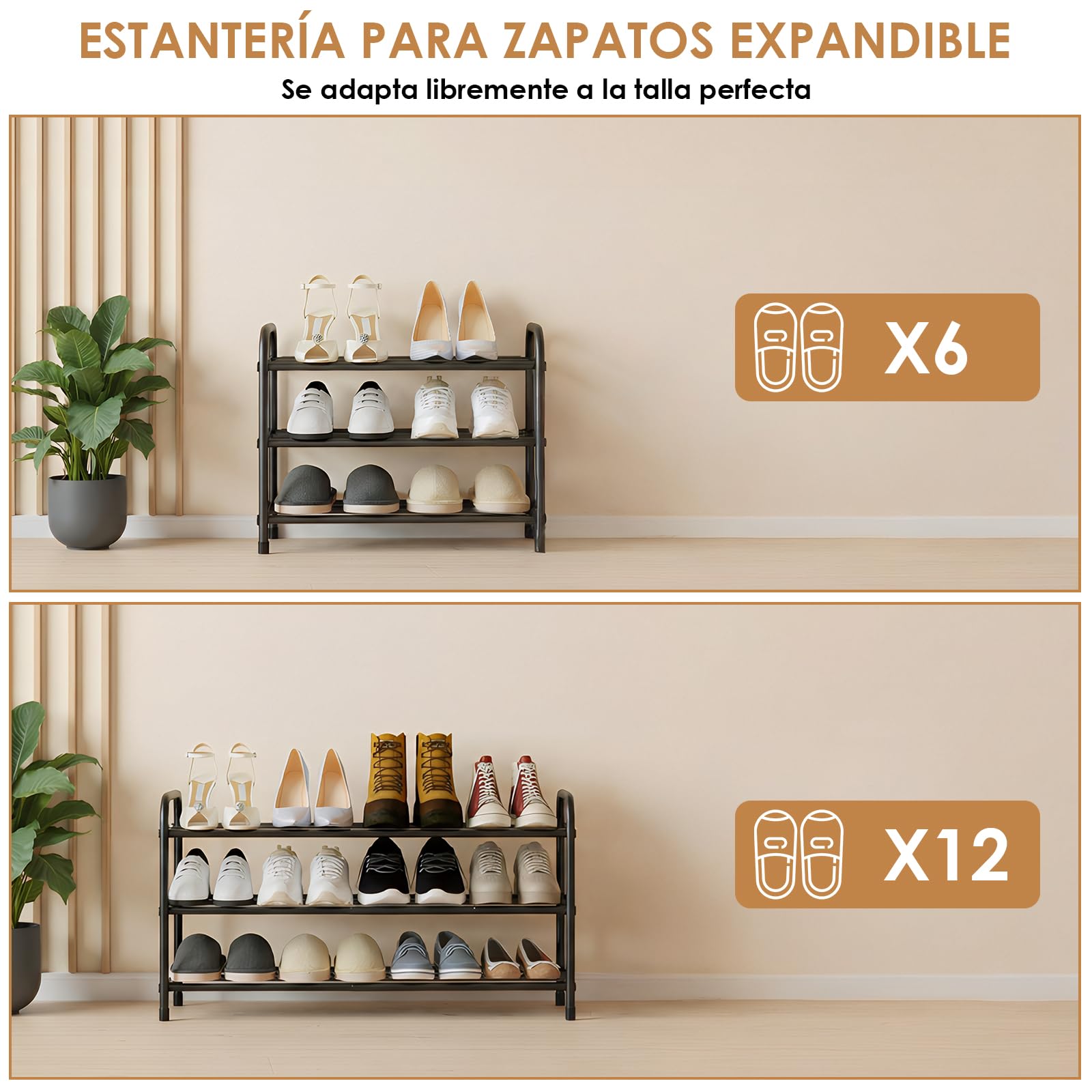 Zapatero Extensible 3 Niveles, Zapatero Pequeño Ajustable 45-80 cm, Zapateros Metalico, Fácil Montaje, para Pasillo, Dormitorio, Salón, Negro
