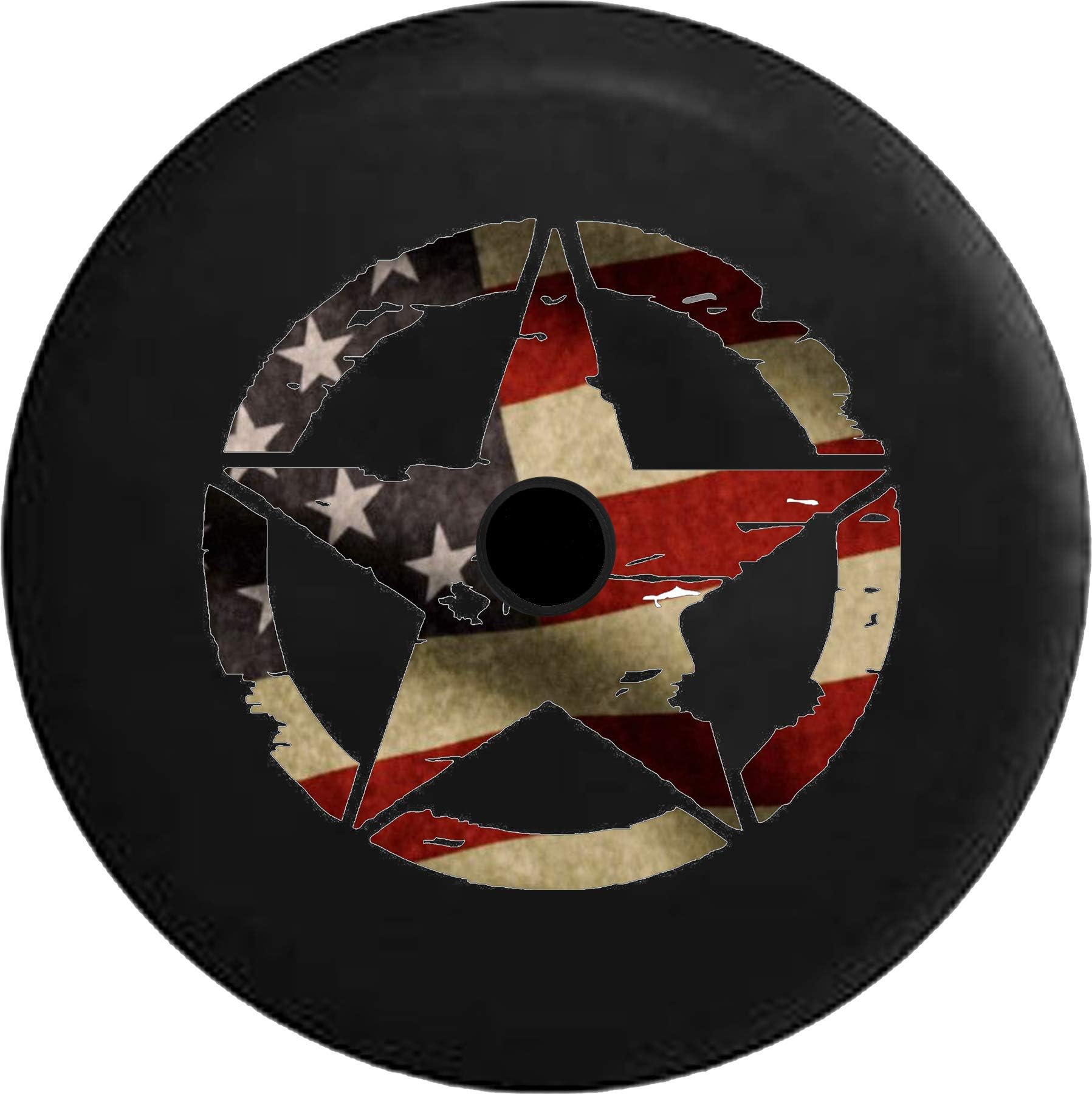 JL Spare Tire Cover Oscar Mike WW2 Military Vintage Star Vintage American Flag Spare Tire Cover with Backup Camera Hole BUC (Fits: JL Accessories 2018+) Size 33 Inch