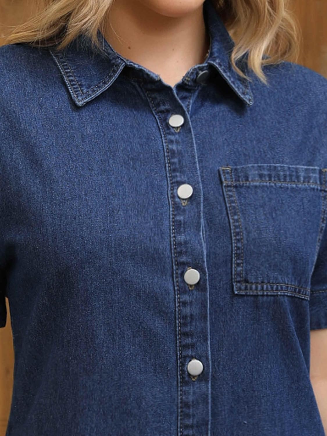 Womens Short Sleeve Denim Dress 2025 Collared Button Front Jean Dresses - Image 5