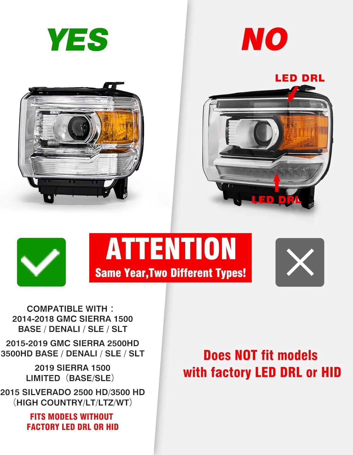 Headlight Assembly Pair for 2014-2018 GMC Sierra 1500 2015-2019 Sierra 2500HD 3500HD Base Denali SLE SLT Reflector Left Right W/O Bulbs