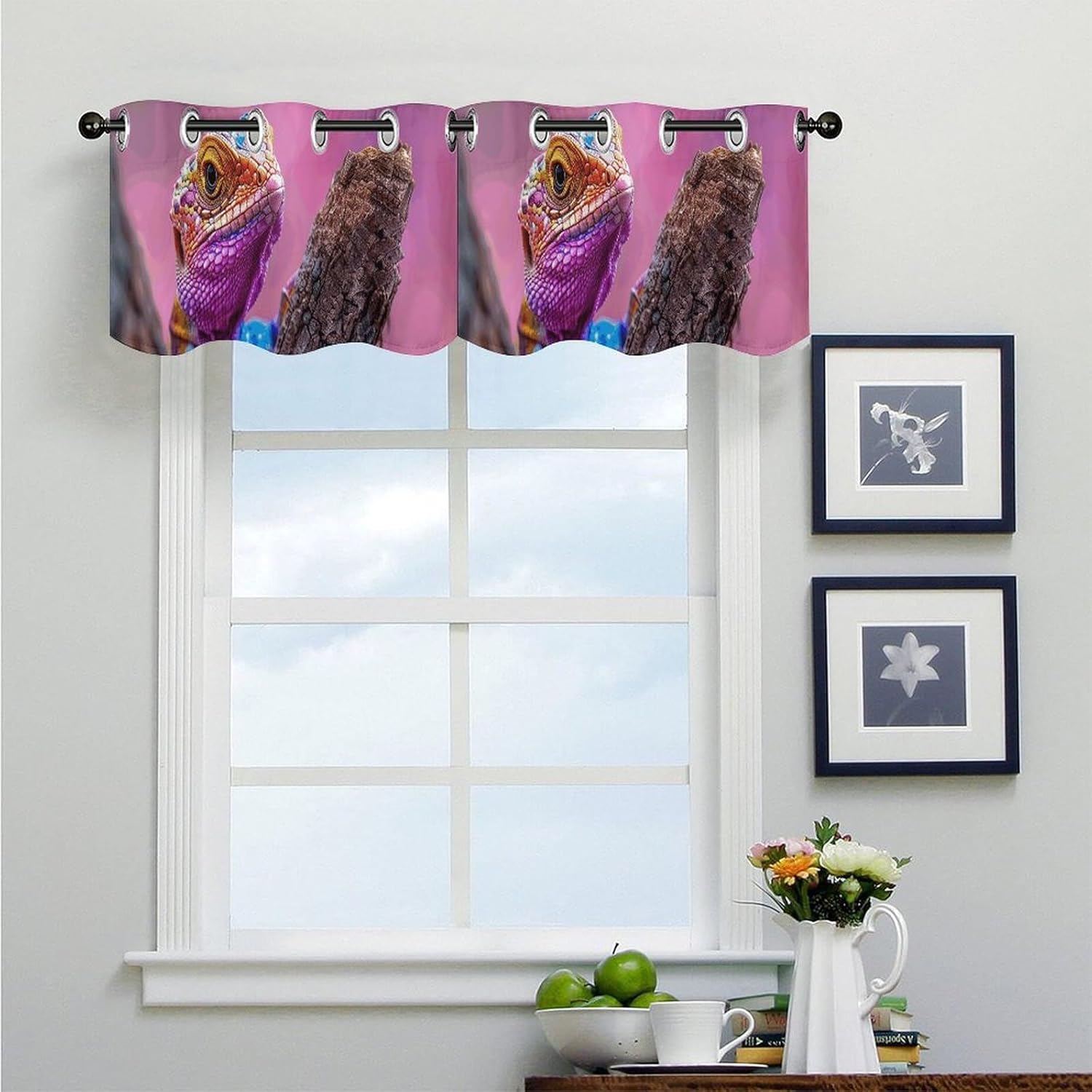 Lizard on The Branch Valance for Windows, 2 Pack Kitchen Curtains Modern Home Decor, Soft Blackout Window Curtains for Living Room & Bedroom, 18 X 52 Inch