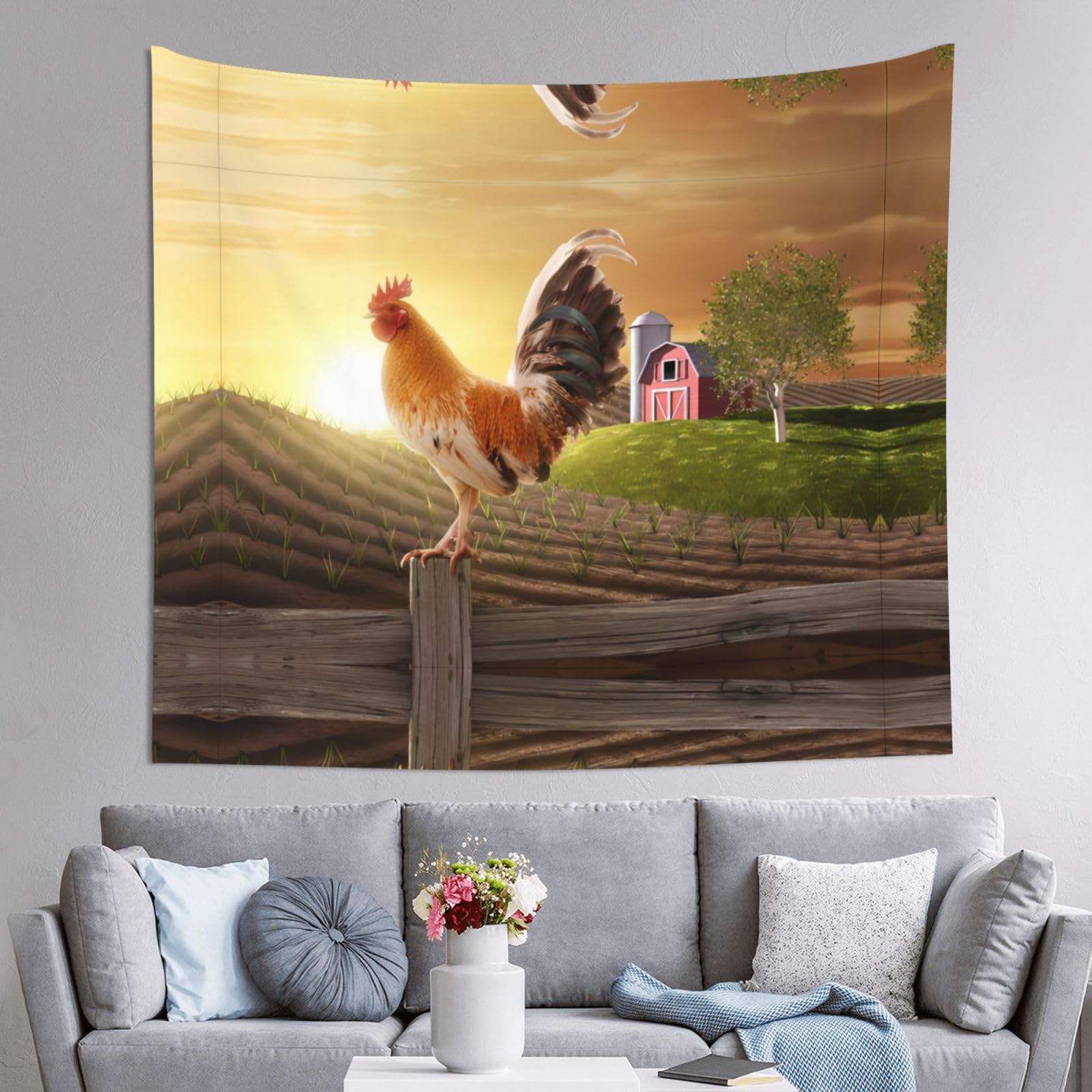 HLSBSSL 60x51in Rooster on Wood in Farmland Printed Tapestry Tablecloth for Dormitory and Picnic Rooms - Multifunctional Fabric Hanging