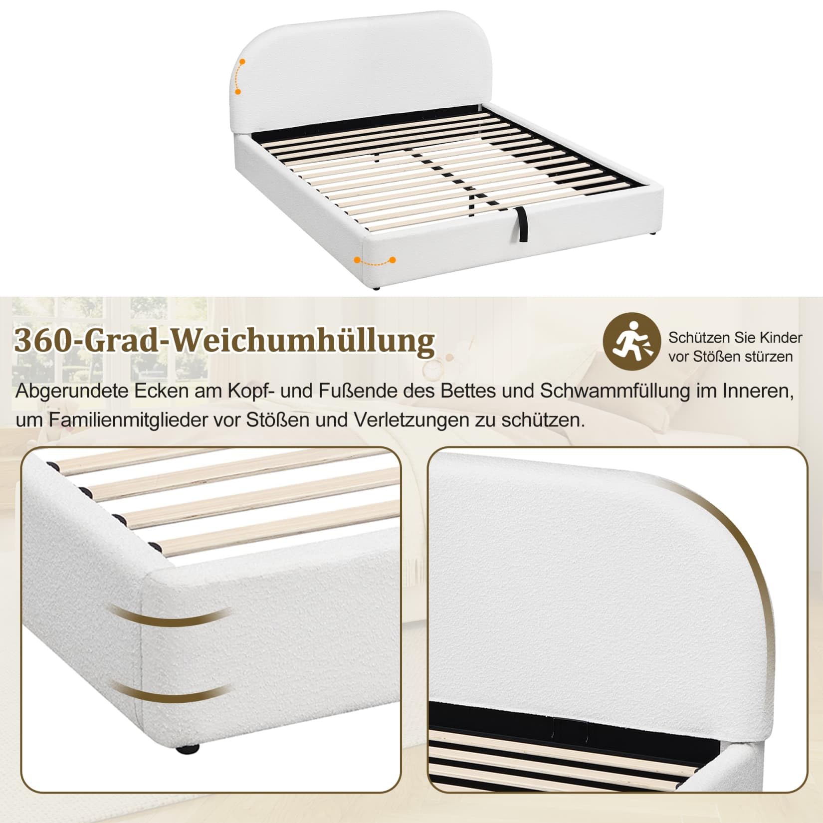 EURHCIO Lit Coffre 180x200cm,Lit Double Adulte avec Fonctionnel Hydraulique,Tête de Capitonné,Sommier à Lattes,Tissu de bouclé,sans Matelas (Beige-C-bouclé-180)