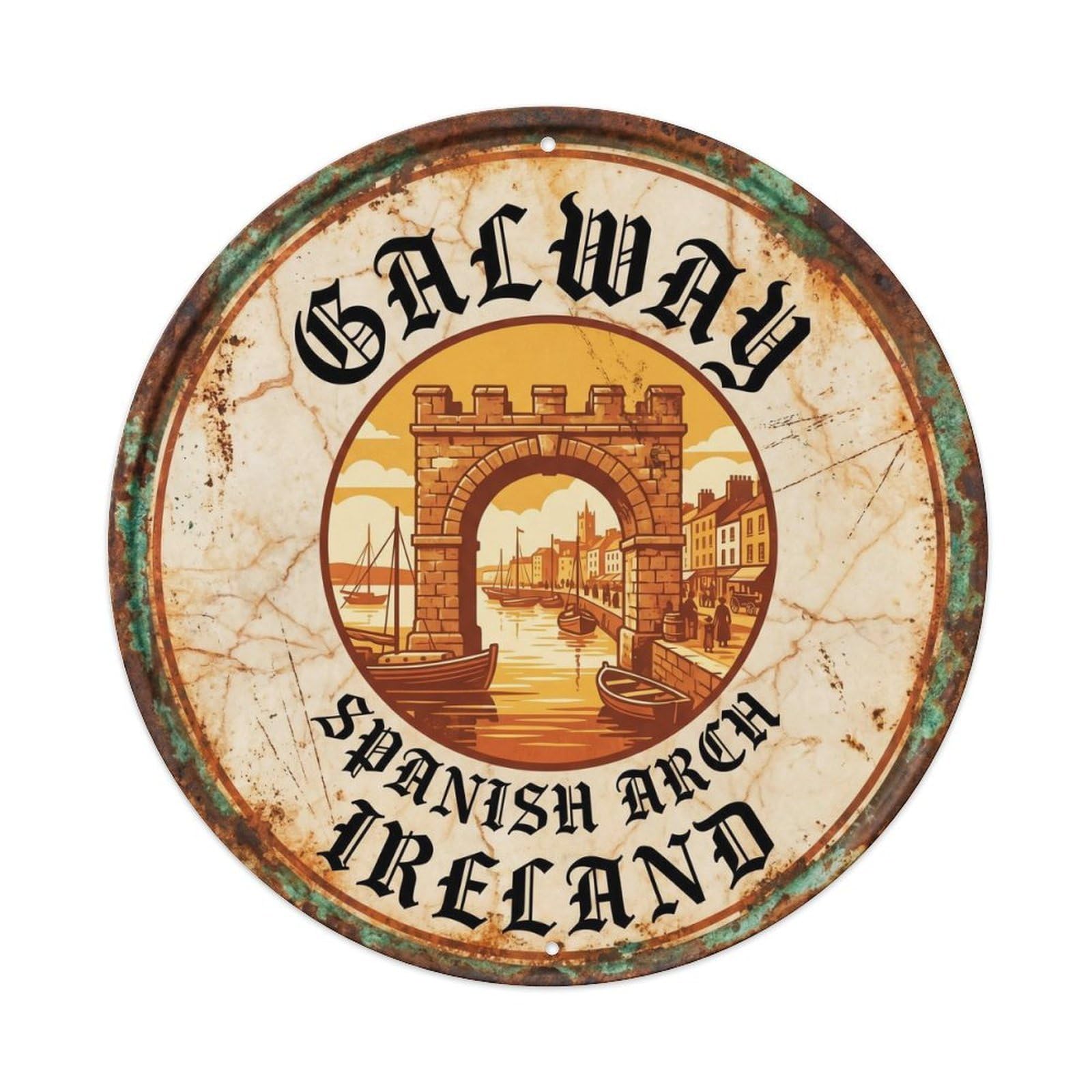 Cmhok Vintage Style-27 Vintage Travel Galway Ireland Artwork Metal Tin Sign Plaque Wall Decor For Cafe, Club, Garden Round Metal Poster 8X8inch