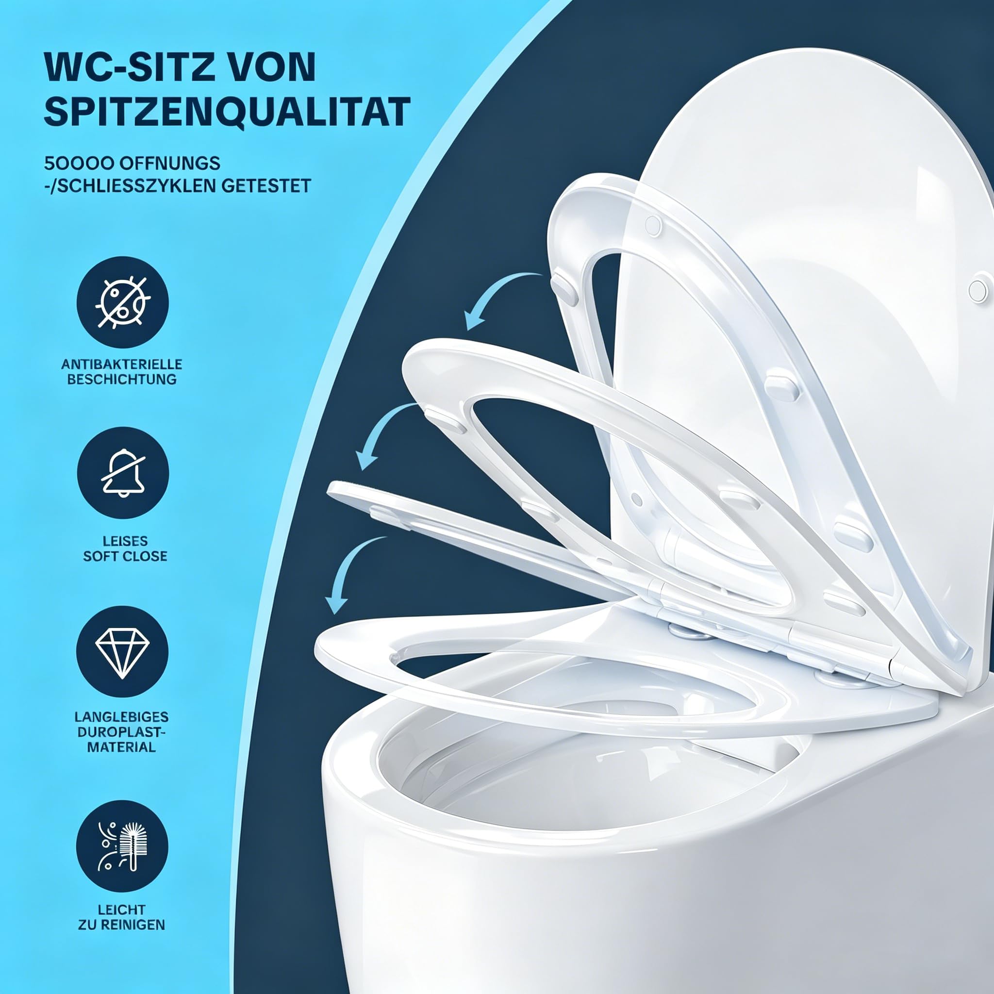 Randloses Wand-WC — Tiefspül-Design mit leistungsstarkem und wassersparendem Spülsystem, inklusive WC-Sitz mit Absenkautomatik und Schnellspanner, Weiß, 48,5 cm lang