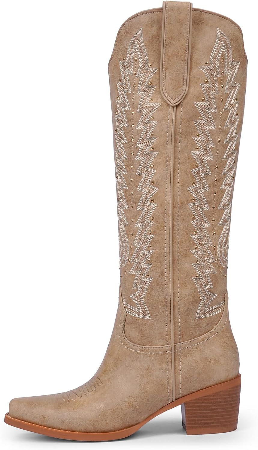 VIUGJNEX Women's Knee High Cowboy Boots - 2.2 Inch Chunky Heel Pointed Toe Cowgirl Boots, Studded Embroidered Pull-On Boot for Party & Concert