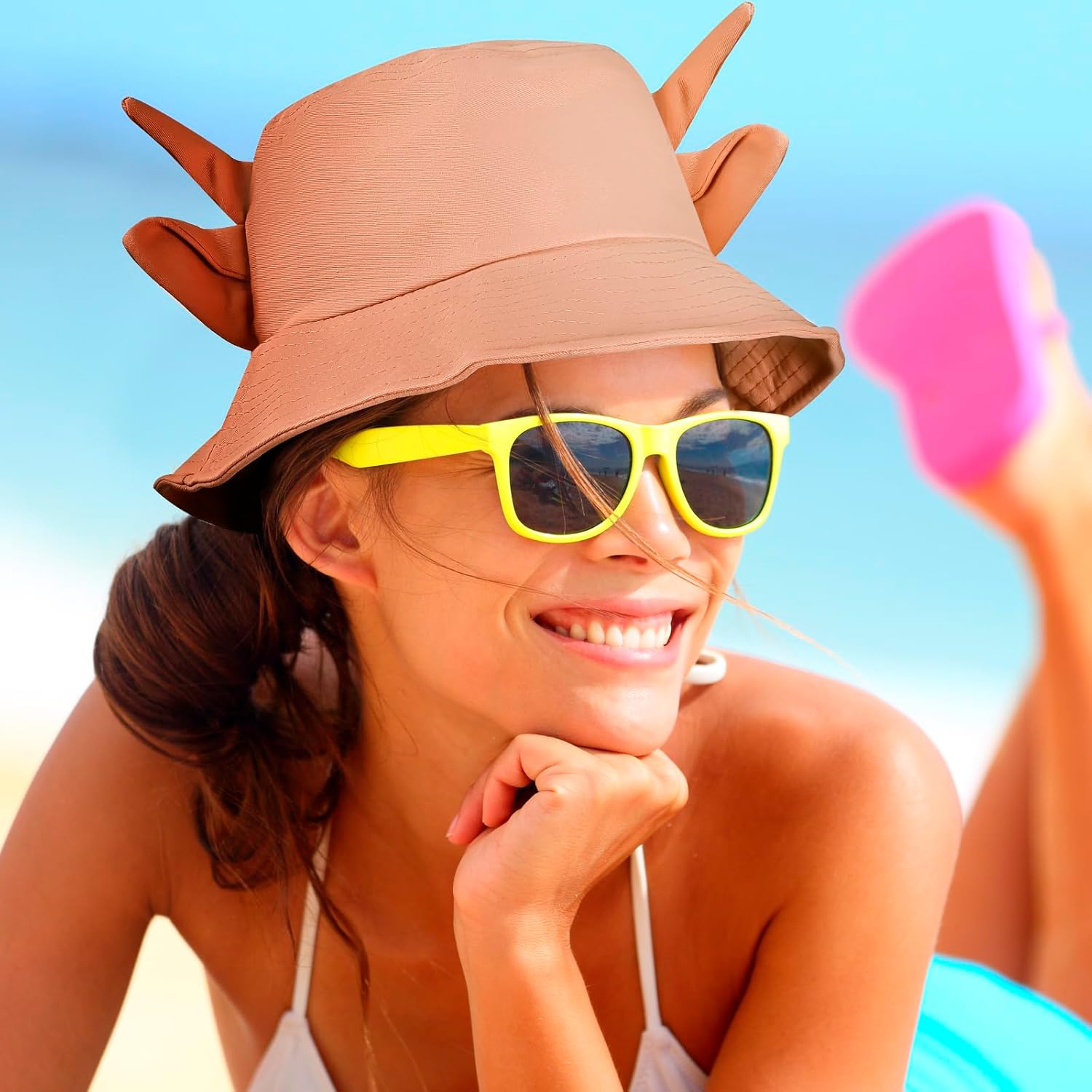 Cow Print Bucket Hat with Cute Horn Ears Cow Print Summer Beach Sun Hat Fisherman's Cow Bucket Hat - Image 6