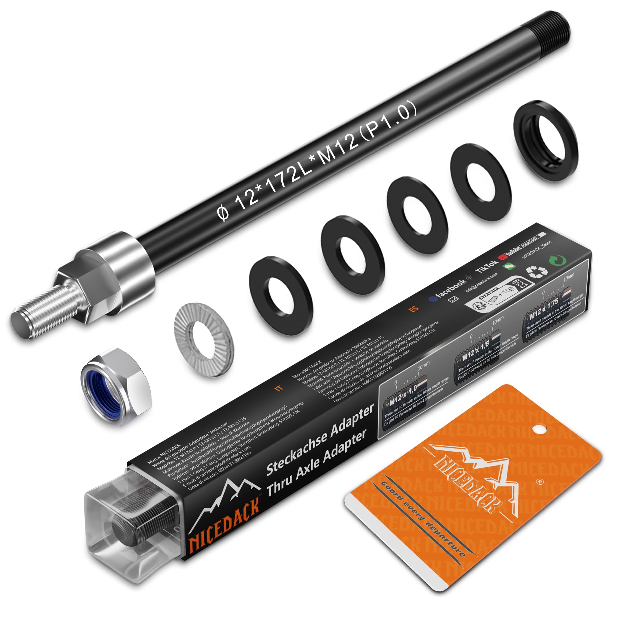 NICEDACK Steckachse M12 x 1,0-160-172 mm mit Adapter für Fahrradanhänger Kupplung, Kompatibel mit 142-148 Naben Größe, Einstellbare Schaftlänge