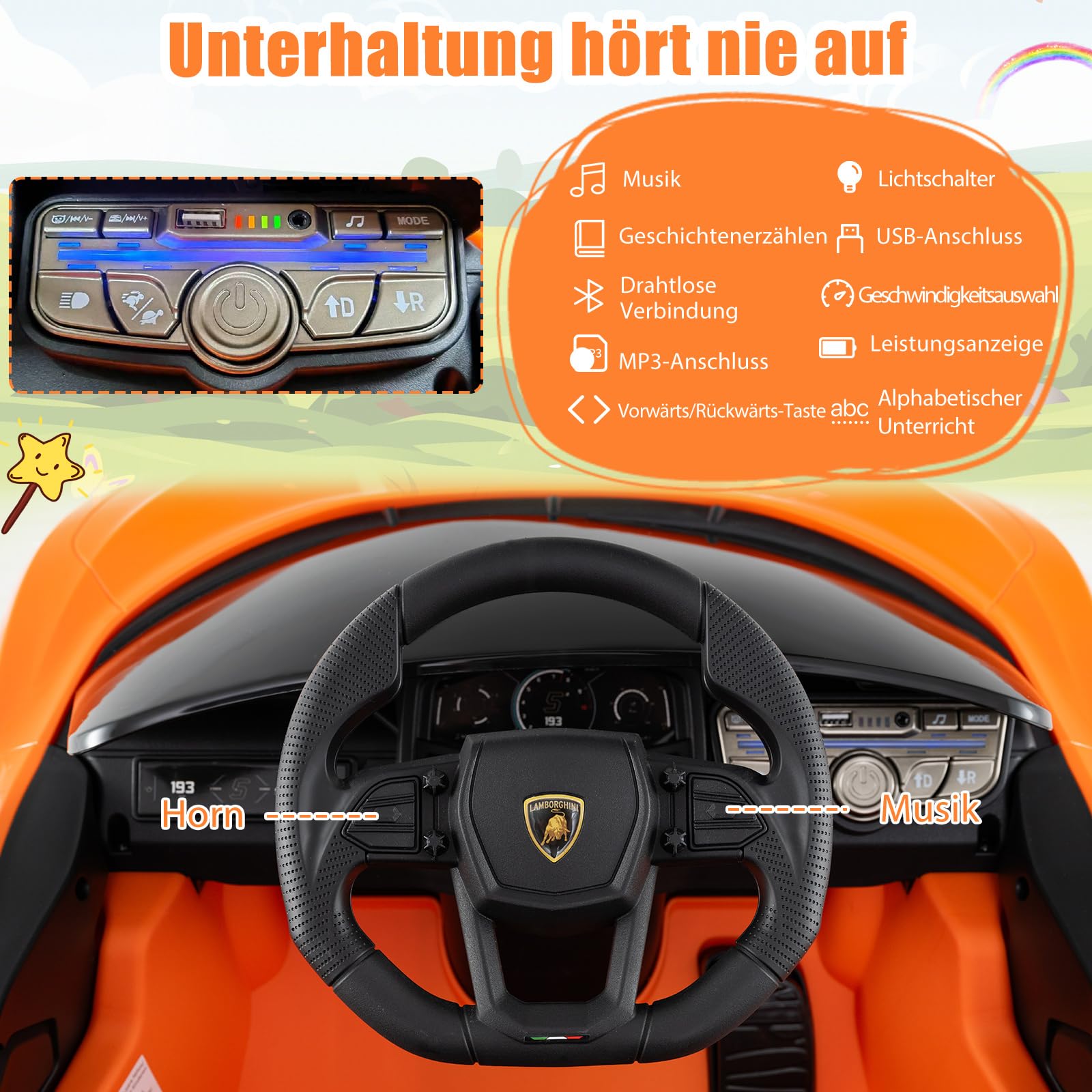 COSTWAY Samochód elektryczny dla dzieci Lamborghini Revuelto, elektryczny samochód dla dzieci 12 V z reflektorami LED, klaksonem i muzyką, 3-5 km/h, w zestawie pilot zdalnego sterowania (pomarańczowy)