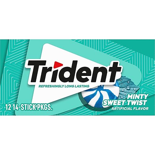 Miniatura 15 de 12 paquetes de 14 unidades cada uno; es decir, en total son 168 unidades de goma de mascar Trident Minty Sweet Twist sin azúcar sabor menta dulce.