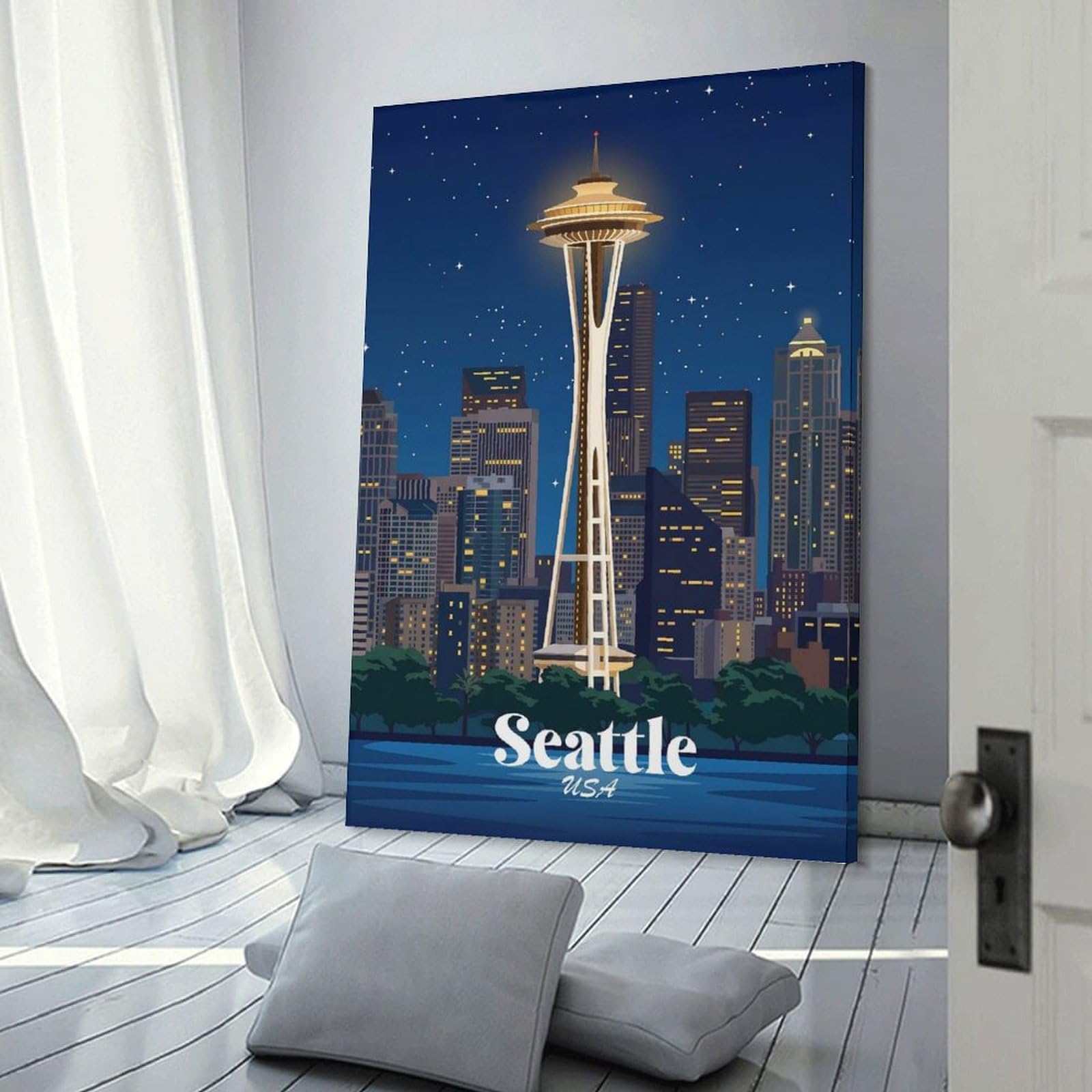 Junmoney Seattle Space Needle at Night Decorative Wall Artwork 20x30inch(50x75cm), for Entrance Spaces, Stair Walls Or Halls, A Stylish Accent for Home Entrances