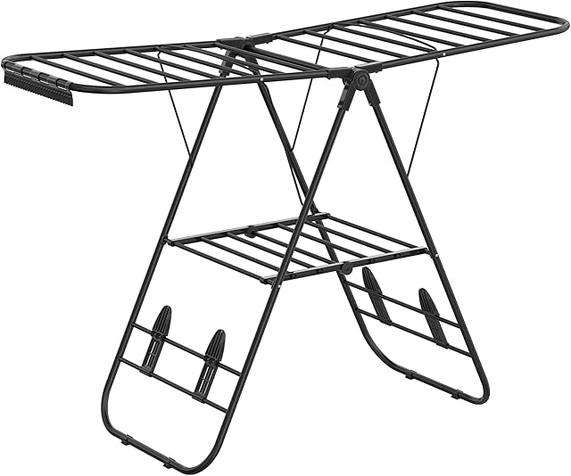 SONGMICS Clothes Airer, Foldable Clothes Drying Rack, Clothes Horse with Height-Adjustable Wings, Free-Standing Laundry Drying Rack, Indoor and Outdoor Use, Steel, Black LLR502B01