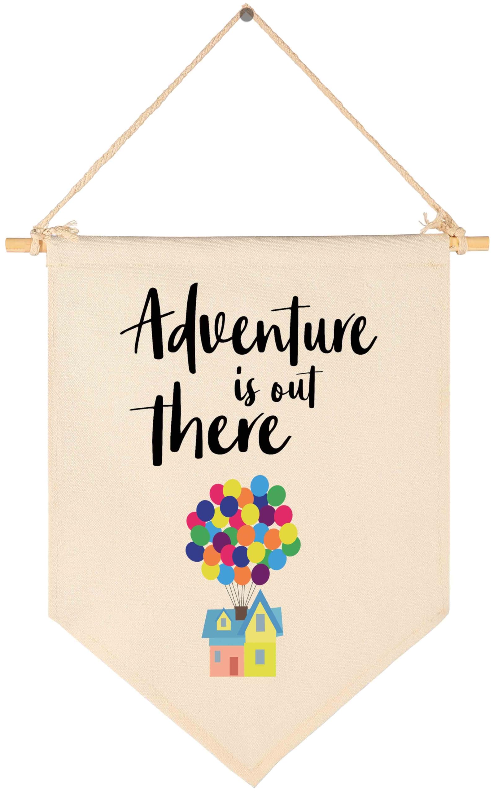 Adventure Is Out There -Canvas Hanging Flag Banner Wall Sign Decor Gift for Baby Kids Girl Boy Nursery Teen Room Front Door - Hydrogen Balloon, Travel Around the World