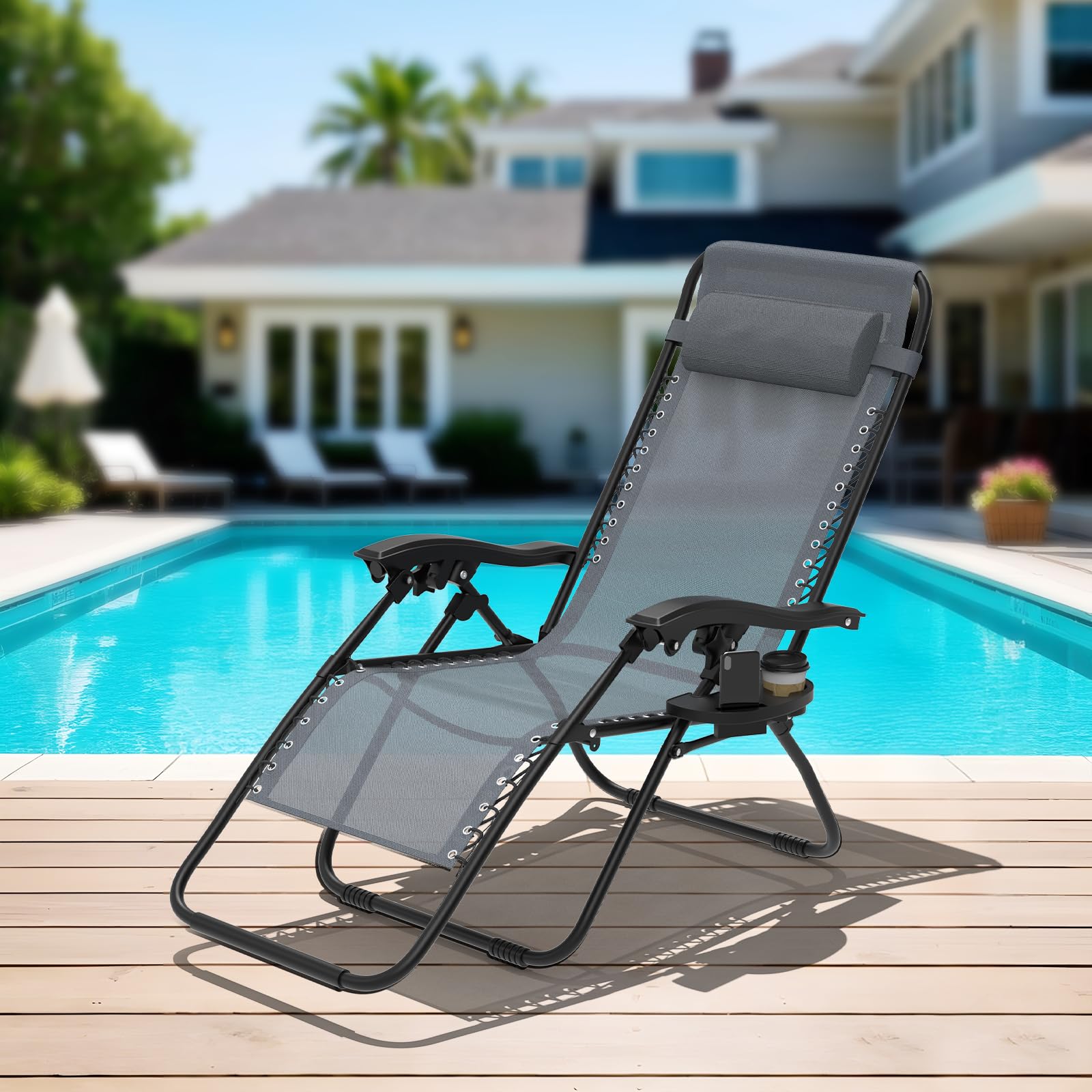 2er Set Klappbarer Liegestuhl, Gartenliege Extra Breit 64cm-Textilene-Relaxliege Verstellbar Rückenlehne mit Getränkehalter & Kissen, Faltbar Sonnenliege Tragbar für Camping Balkon, bis 120kg, Grey