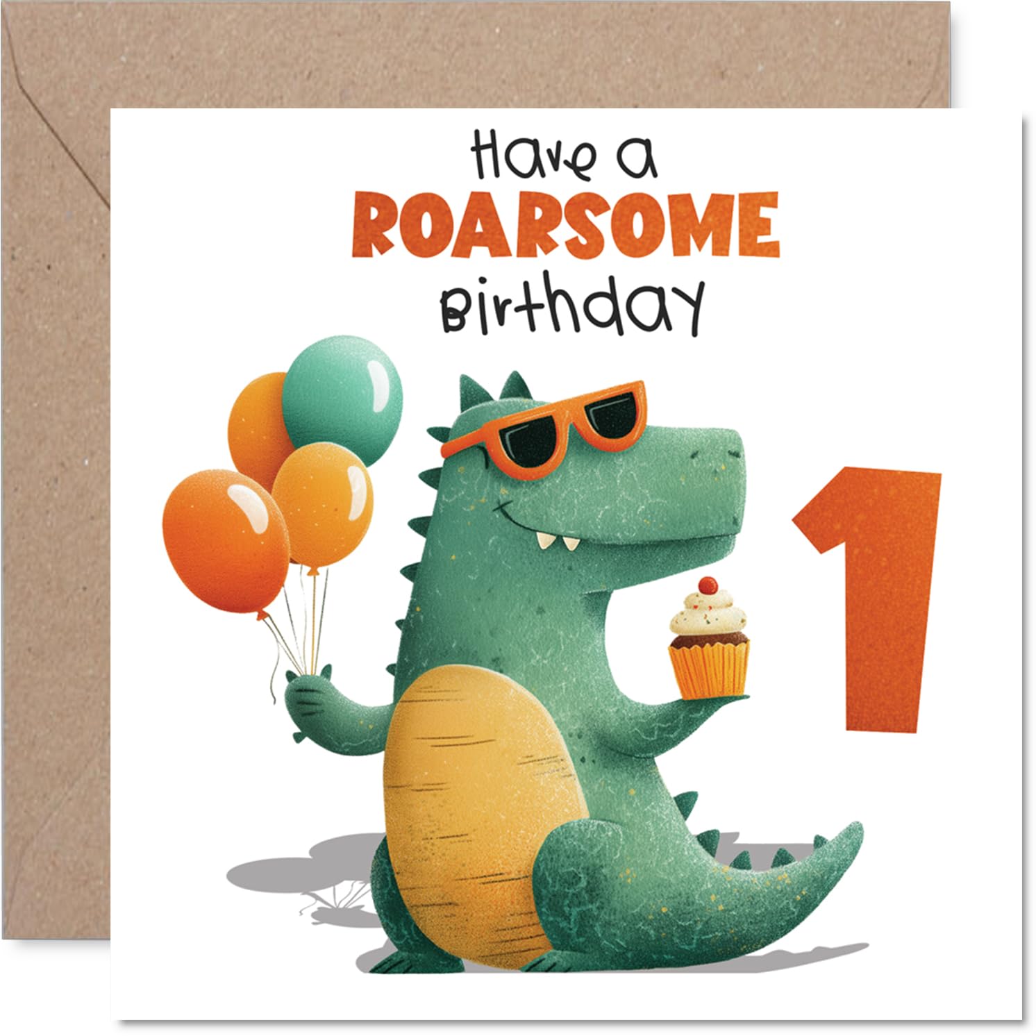 Playful 1st Birthday Card - Bring on the Giggles - Cheery Dinosaur with Balloons and Cupcake Party Fun - A Roarsome Way to Mark Turning One - 145mm Square, Envelope Included