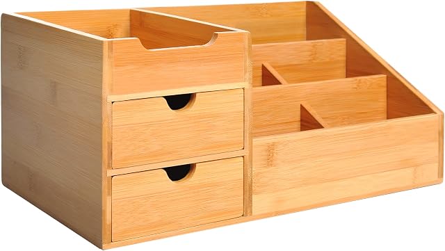 HOMCOM Organiser Holder Multi-Function Storage Caddy Drawers Home Office Stationary Supplies 7 Storage Compartments and 2 Drawers Natural Bamboo