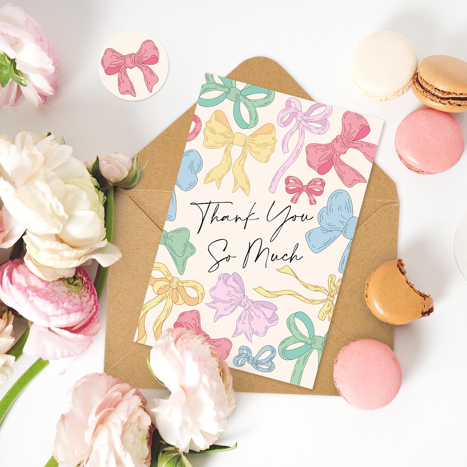 Whaline 24 Pack Bow Thank You Cards Bulk Colorful Bow Knot Greeting Cards With Envelopes Stickers Blank Note Cards for Coquette Birthday Baby Shower Wedding, 4 x 6 Inch - Image 4