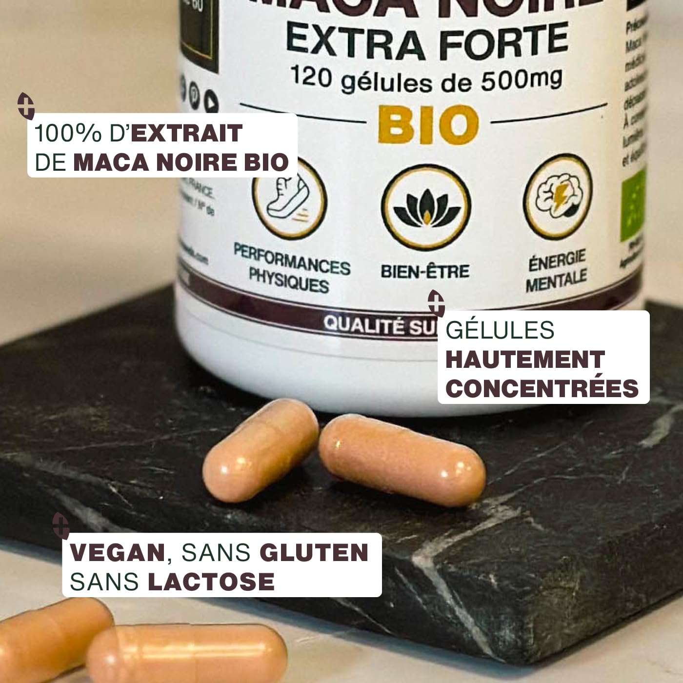 Maca Noire BIO du Pérou | Extra Fort 10 000mg par jour | 120 gélules vegan | Régulateur Hormonal, Détente, Énergie | Qualité Supérieure pour Sommeil,Stress