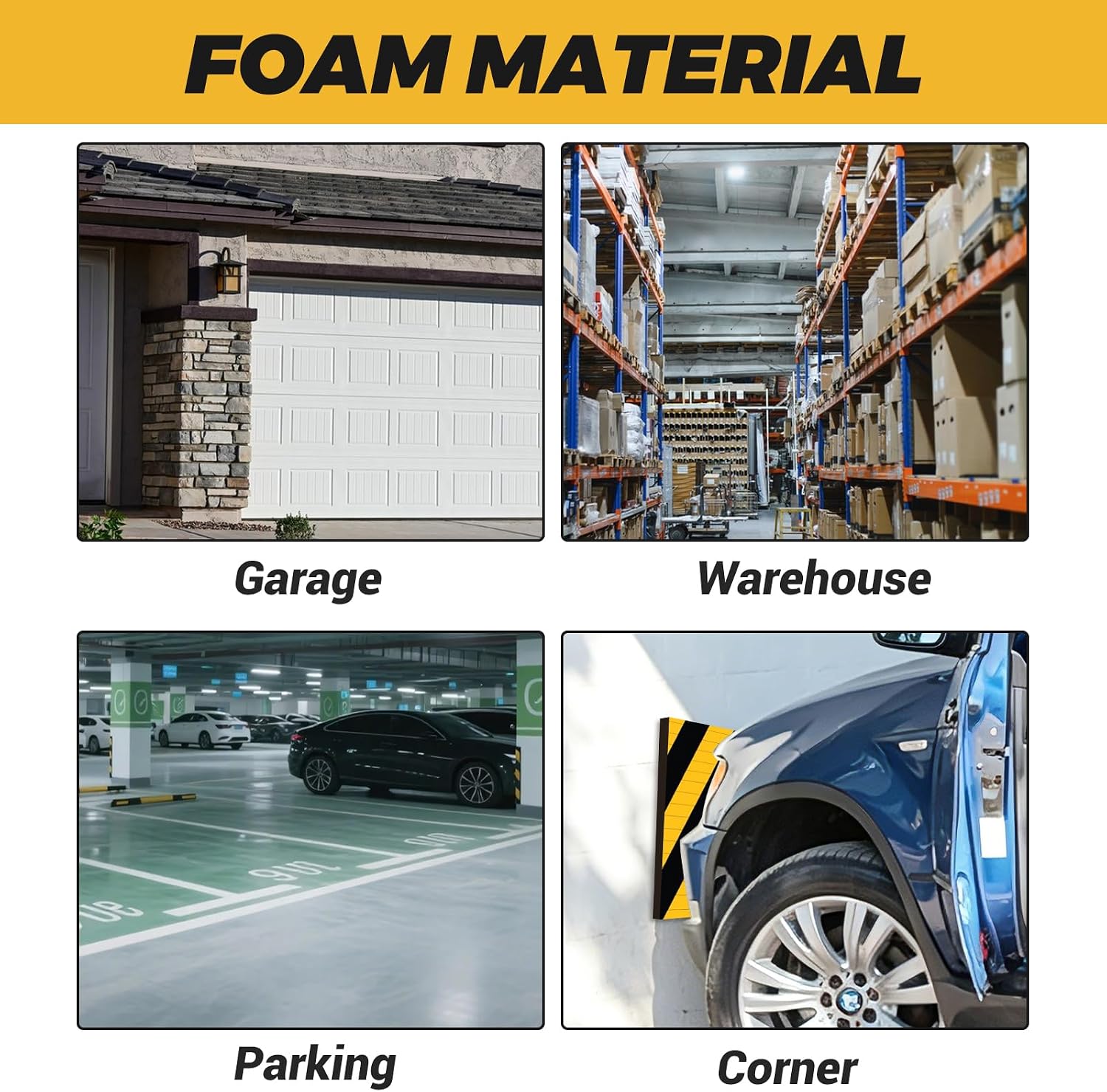 ASelected 4 Pack Garage Wall Protector Foam Corner Guards, 15.7"x9.8" Parking Bumpers for Cars, Reflective Black Yellow Edge Protector for Poles, Self-Adhesive EVA Wall Padding for Garage Parking