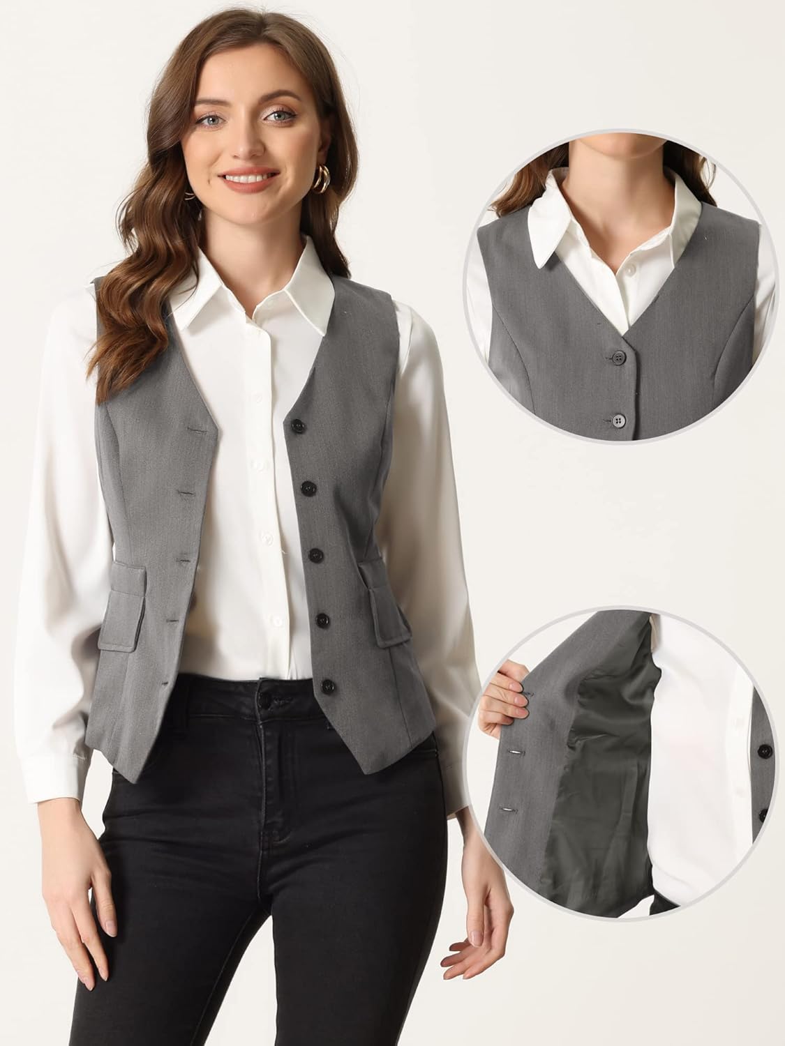 Allegra K Suit Vest for Women's 2024 Fashion Button Up Belt V Neck Sleeveless Waistcoat - Image 2