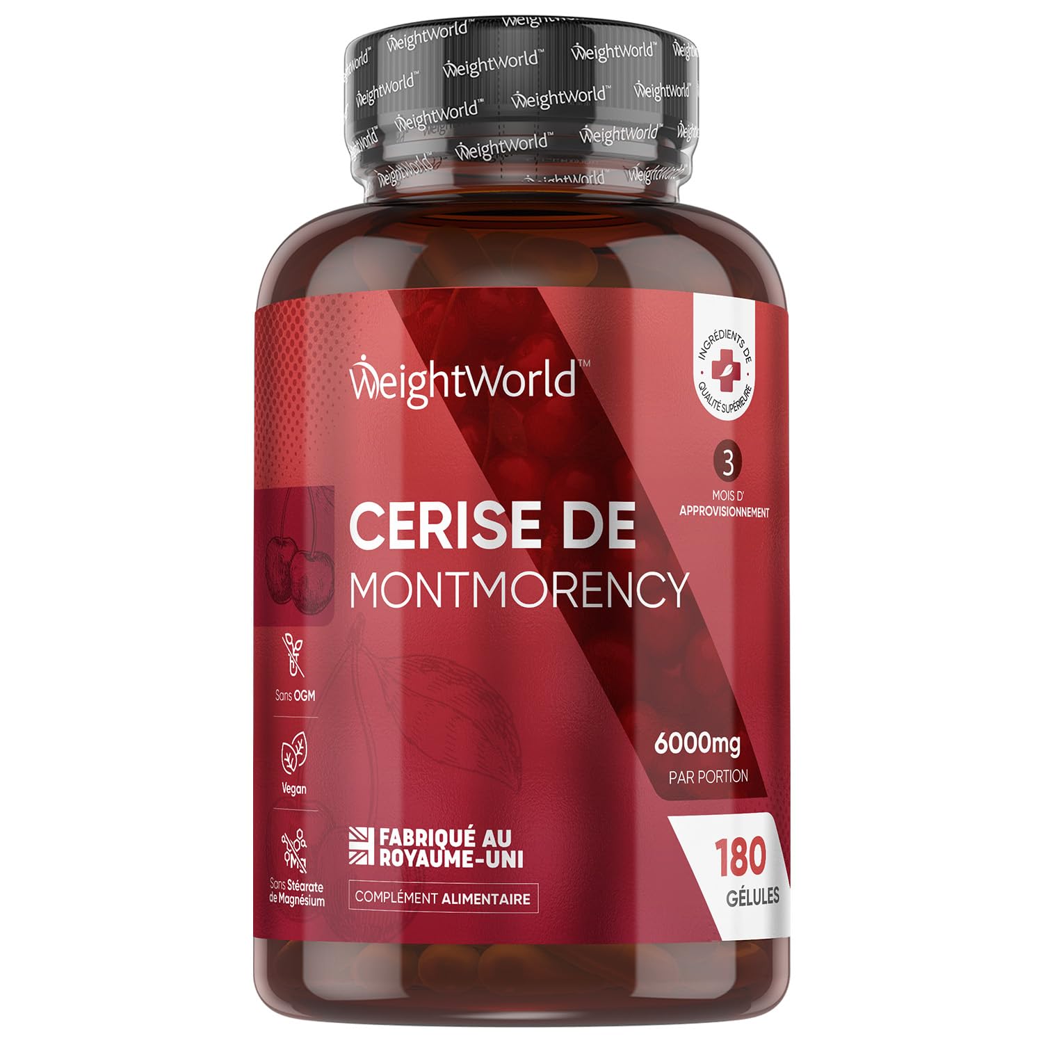 Cerise de Montmorency, Source de Melatonine, Vitamine C, Vitamine A, E, B6, Magnésium, Potassium, 180 Gélules Vegan pour 3 Mois avec 6000mg par Jour (Extrait 50:1)
