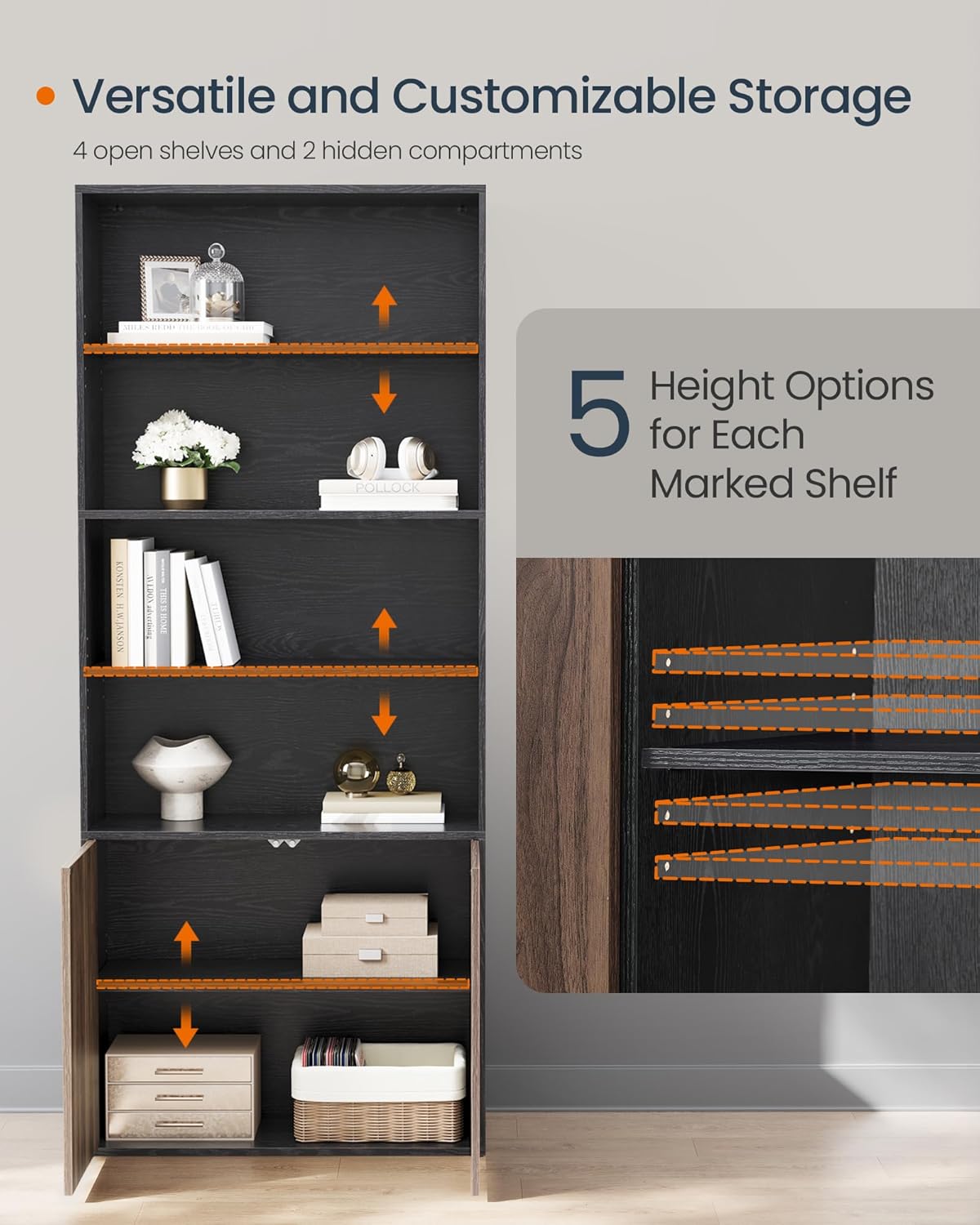 SONGMICS Home Book Shelf, Superfast Toolless Assembly, 6-Tier Floor Standing Bookcase with Doors and Adjustable Shelves, 70.4 Inches Tall for Bedroom Study Living Room, Ebony Black and Natural Walnut