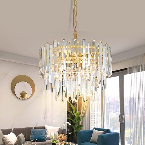 Lámpara de araña de cristal de cobre dorado de 17.7 pulgadas para comedores, dormitorio, vestíbulo, entrada, techo, colgante