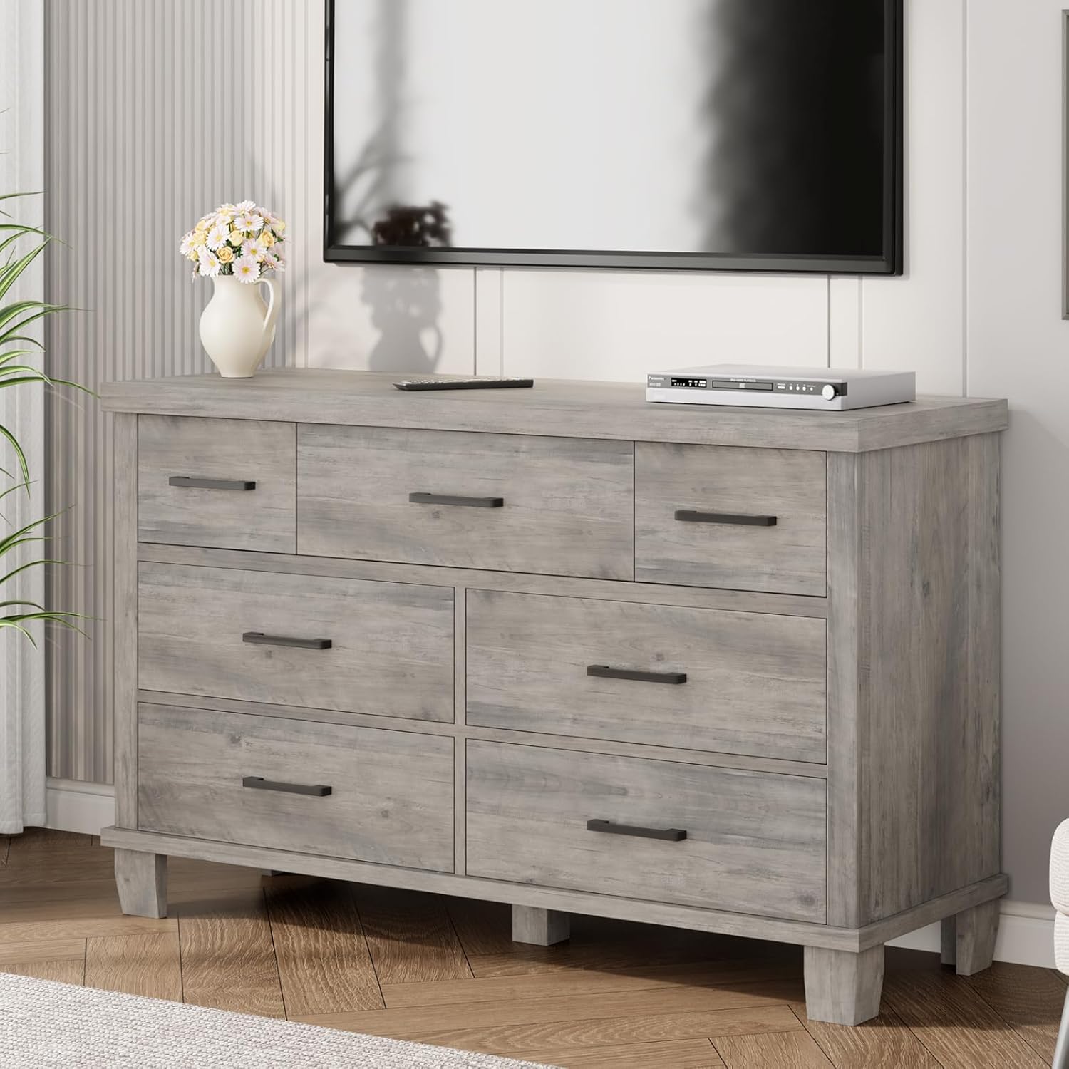 Garvee Dresser for Bedroom, 7 Drawers Modern Wood Dresser, 51 in Wide Chest of Drawers Closet, Wooden Organizer with Metal Handle, for Bedroom, Living Room, Black