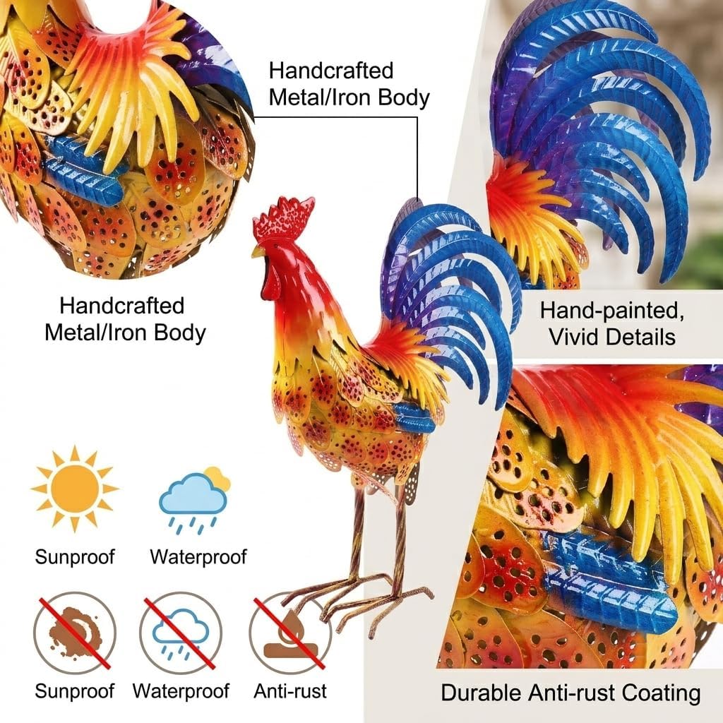 Metal Rooster Yard Art Outdoor Decor Metallic Roosters Chicken Garden Statue Decorations for Lawn Patio Backyard Kitchen Home Housewarming image 5