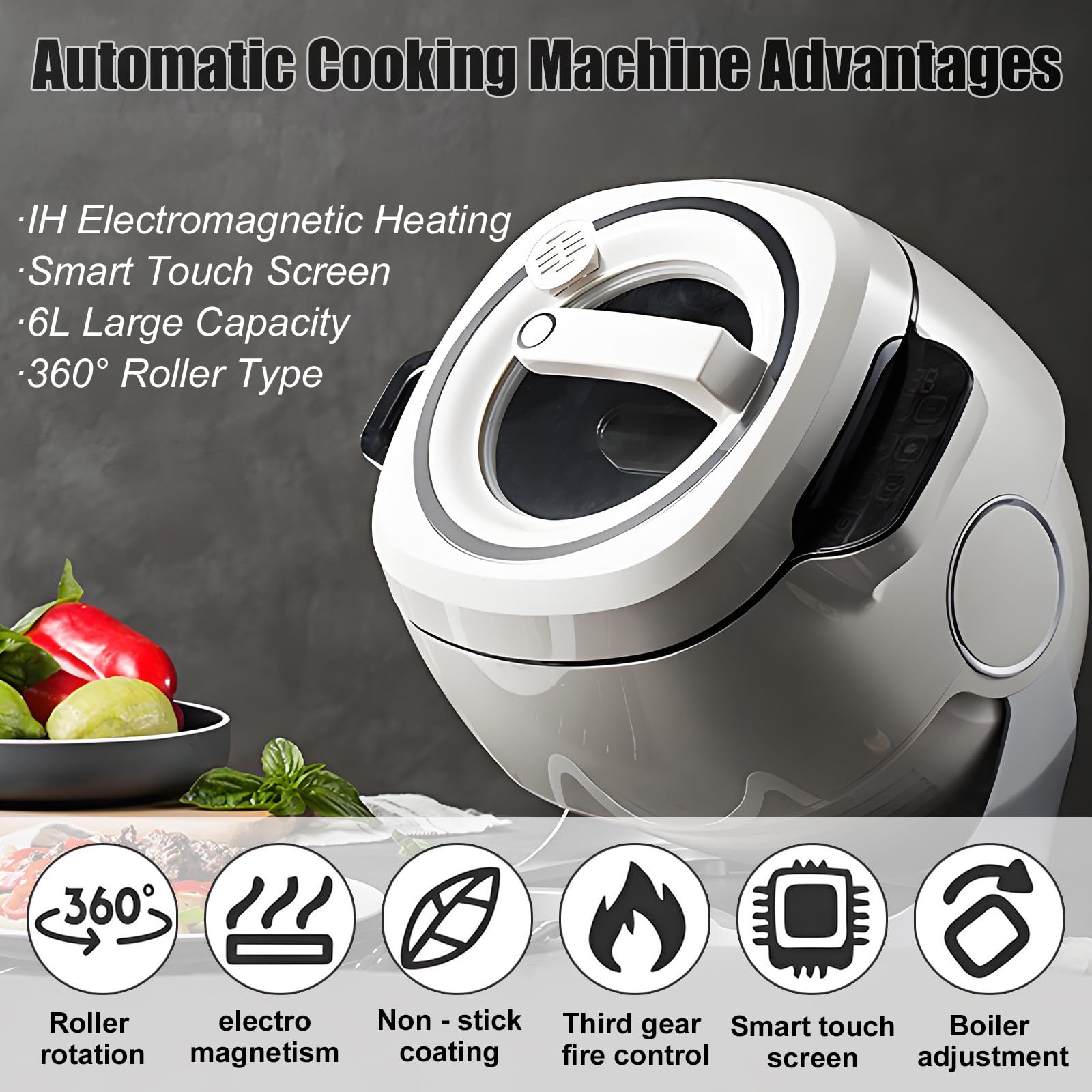 Robot Cucina Professionale 6 L, con Rotazione A 360°, Saltare in Padella, Stufati E Altre Preparazioni Culinarie, 1000 W, Cucina Professionale 6 L, Coperchio Wok Smart Touch