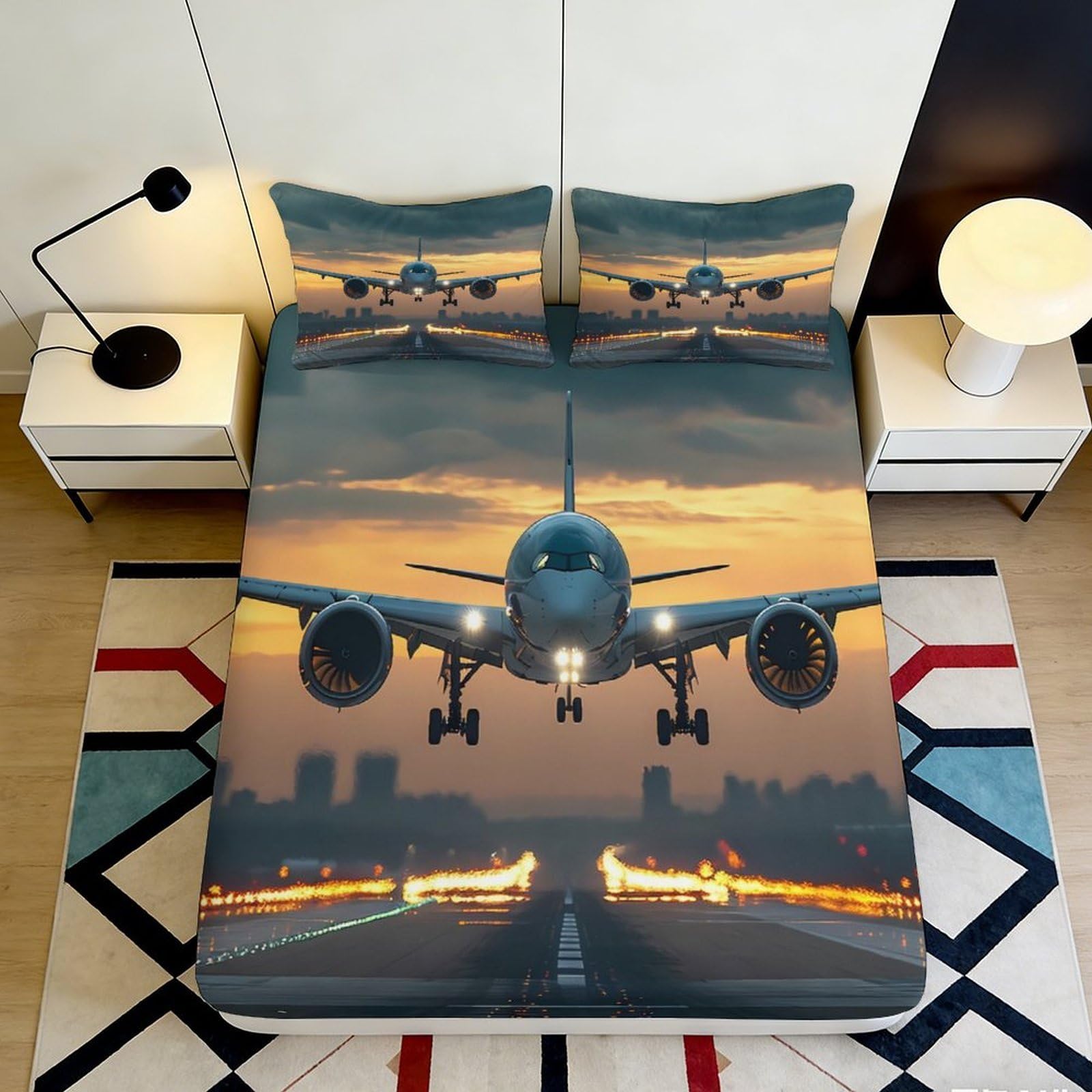 3D Printed Sunset Runway Fitted Sheet Microfiber Soft Breathable Airplane Bed Sheet Decor for Bedroom Guest Room 90x200x25cm