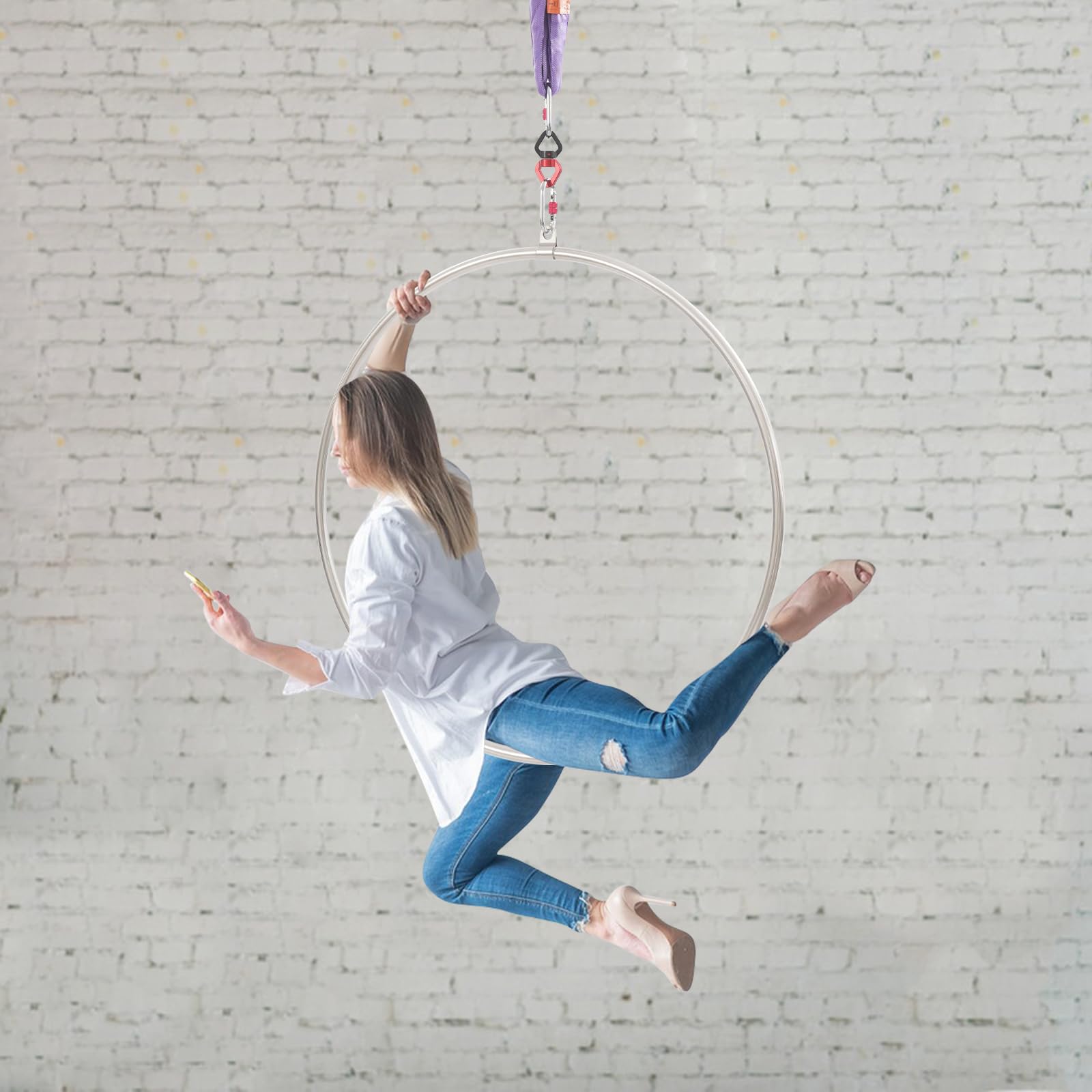 Aerial Hoop - Anello da circo per acrobazie, yoga, ginnastica, montaggio a soffitto, cinghia rotonda, 1 m, capacità di carico 10 kN, connettore girevole 30 kN con 3 moschettoni di sicurezza per