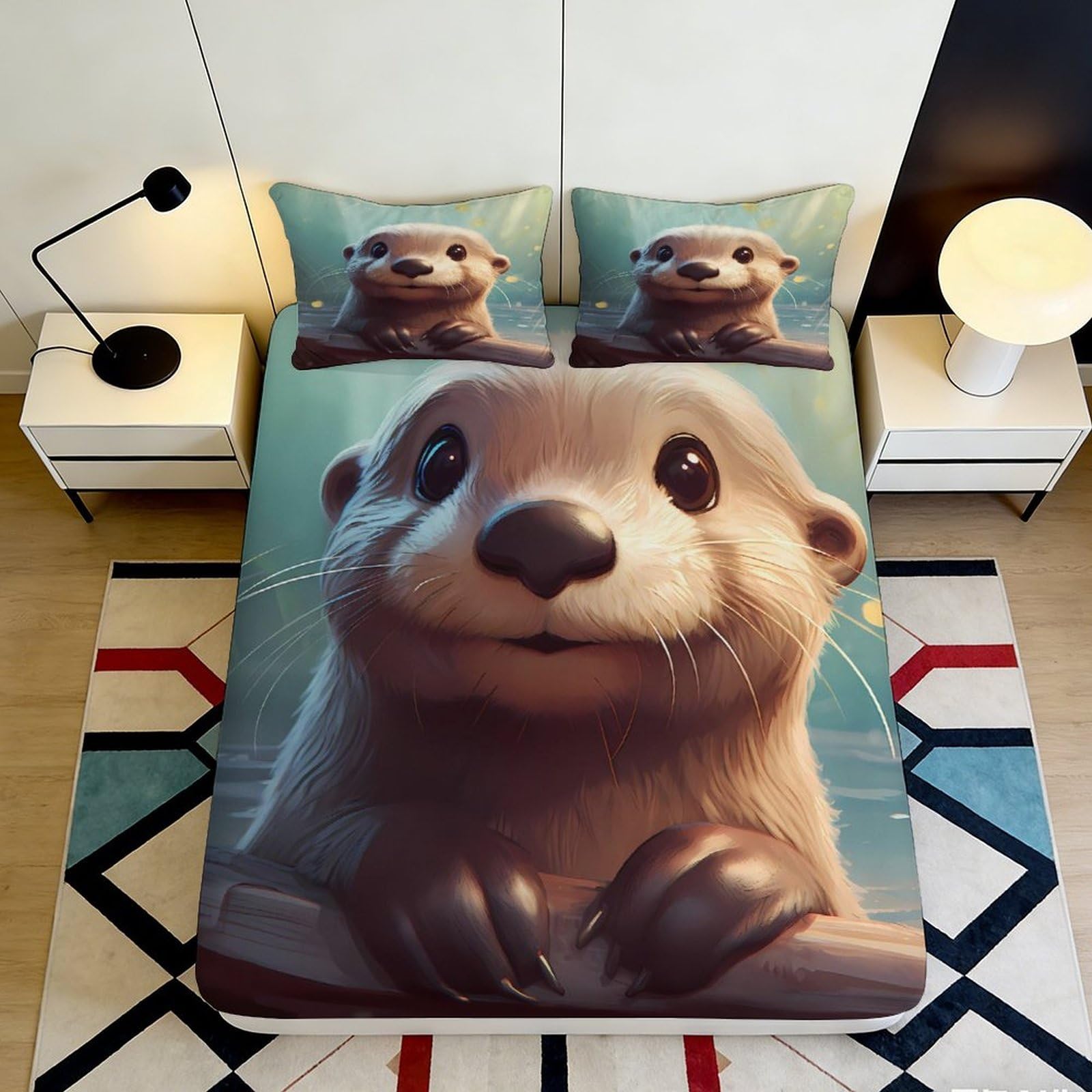 3D Printed Cute Otter Fitted Sheet Microfiber Soft Breathable Animal Design Bed Cover for Bedroom Dormitory Guest Room Mattress Protection 90x200x25cm