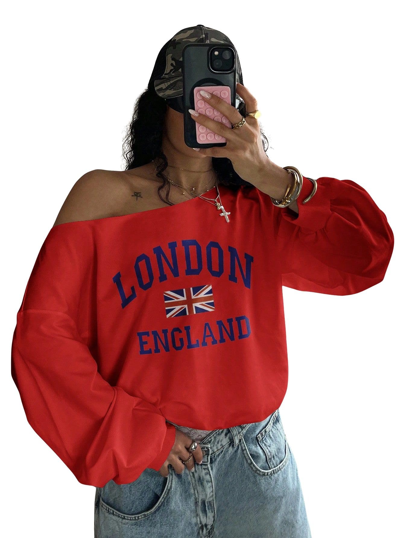 Women's Loose Sweatshirt, Oblique Shoulder, British London Flag Print, Lightweight Oversized Pullover-image-36