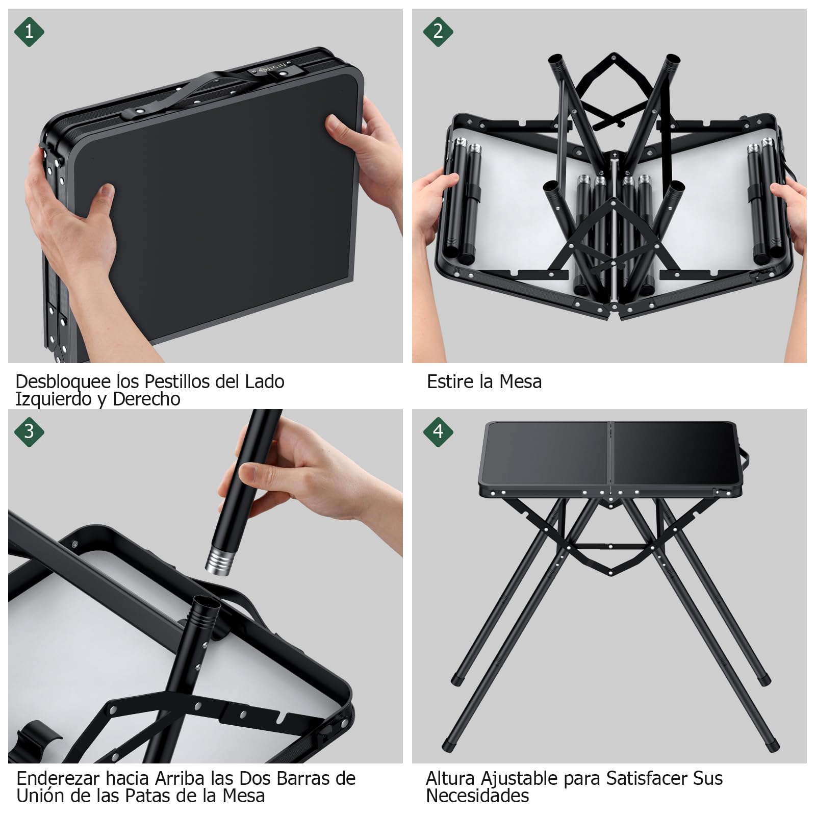 JiGiU Mesa de Caming Plegable Mesa Pinic Portátil 60x40x24.5/47.7/71cm Aleación de Aluminio con Asa de Transporte para Exteriores Interior Senderismo Barbacoa Playa (Negro, 80KG Carga)