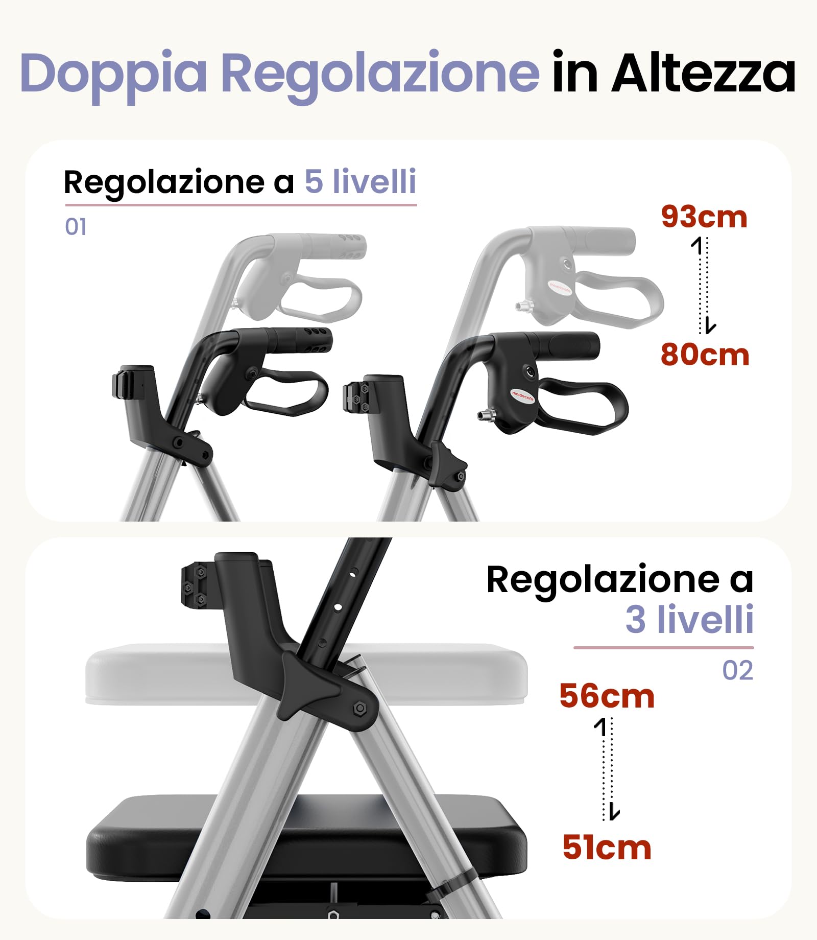 Deambulatore per Anziani con Seduta, Girello Pieghevole con Seduta, Deambulatore da Interno ed Esterno, Rollator a 4 Ruote con Manubrio Regolabile in Altezza, Ruote 8" Tutto Terreno, Argento Stellare