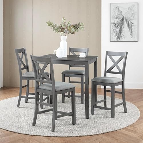 Miniatura 8 de Juego de mesa de comedor de 6 piezas para 4-6 personas, juego de cocina con 4 sillas tapizadas y un banco, sillas de sala de estar con respaldo en