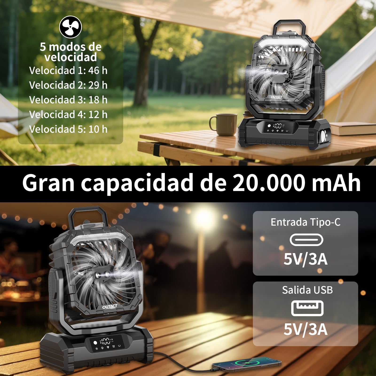 Ventilador Camping Recargable de LED: 20000mAh Ventilador Portátil USB Silencioso con Nebulizador, Oscilación Ventilador Batería para Tienda, Caravana, Supervivencia, Oficina, Exterior - Negro
