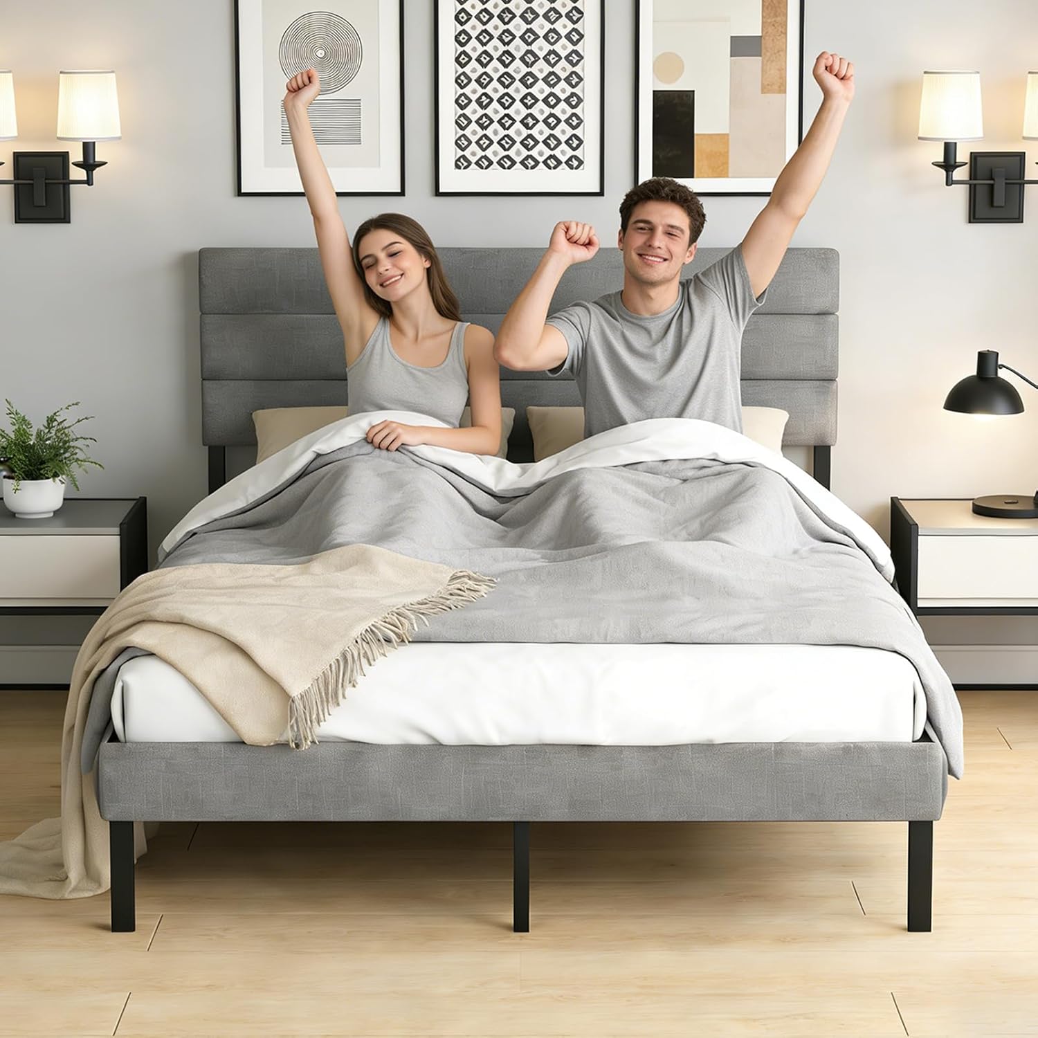 Queen Metal Upholstered Bed Frame, Queen Size Metal Bed Frame with Linen Headboard, Heavy Duty Platform Bed Gray Bedframe with Metal Slats and 14" Underbed Storage, No Box Spring Needed